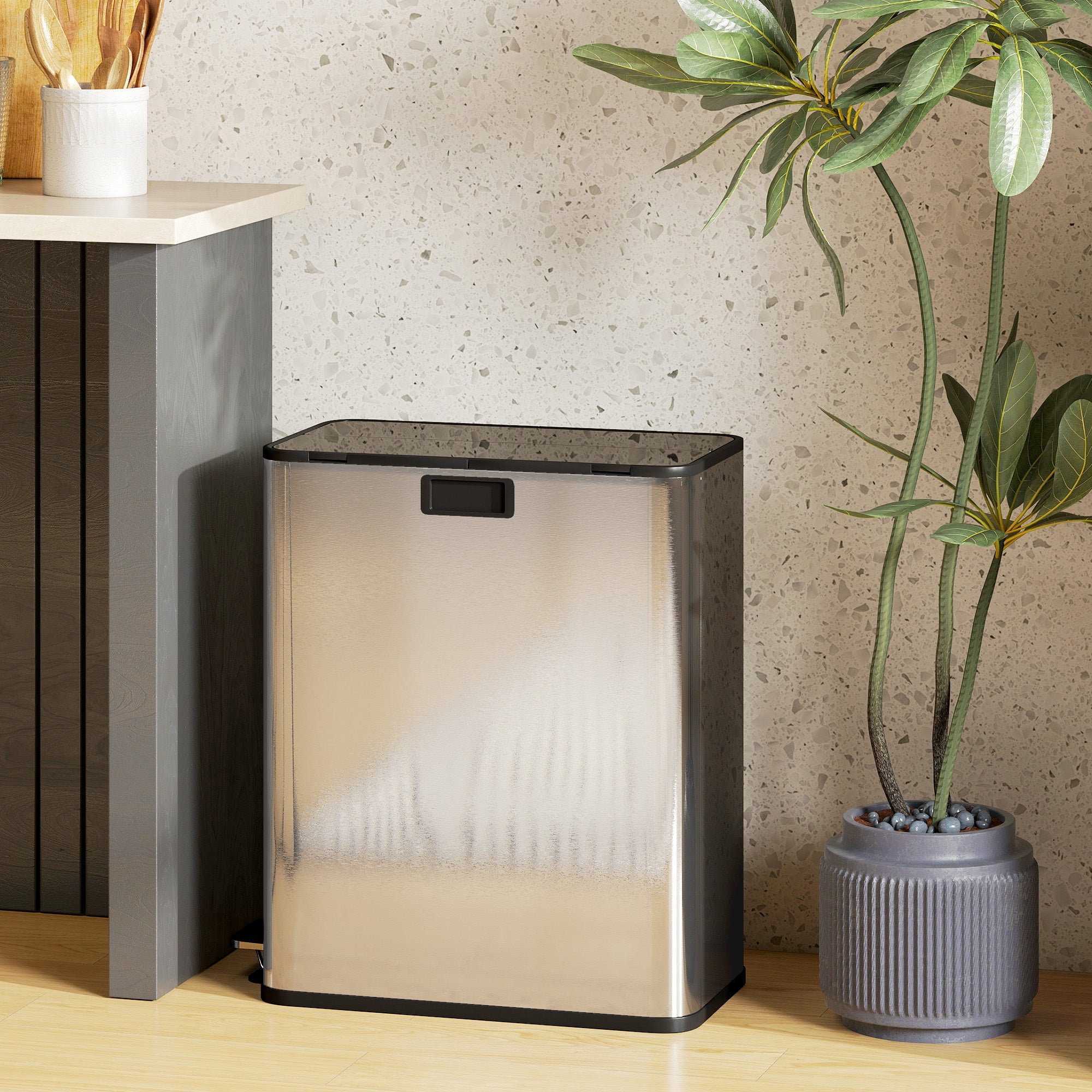 Dual Kitchen Bin with Soft-Close Butterfly Lid, 2 x 7.4Gal Stainless Steel Pedal Bin with Removable Inner Buckets, Fingerprint-Proof for Recycling and Waste, Silver Tone
