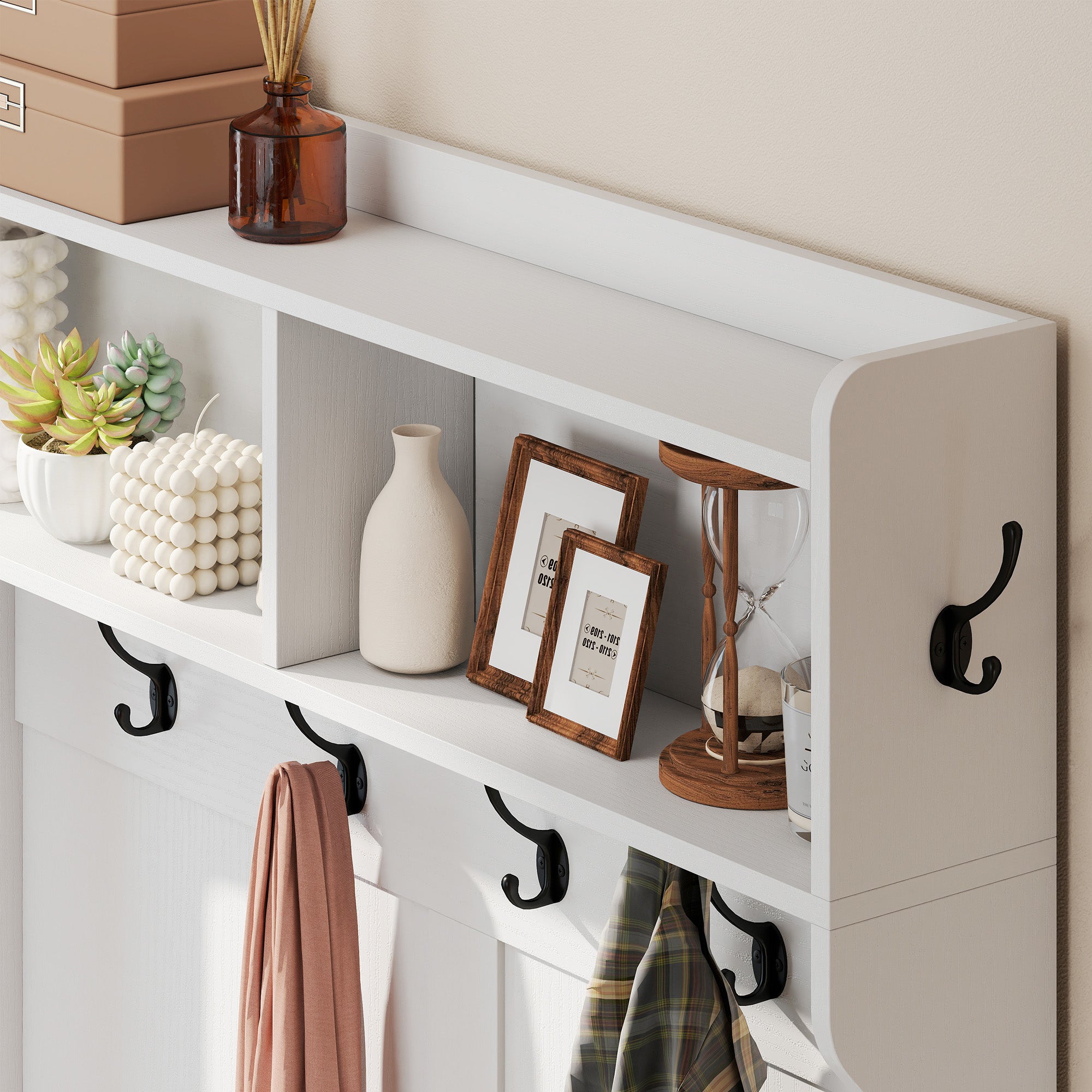 4-In-1 Hall Tree with Shoe Bench, Modern Coat Rack with Shoe Rack and Open Shelf for Hallway, Entryway, Bedroom, Living Room, White