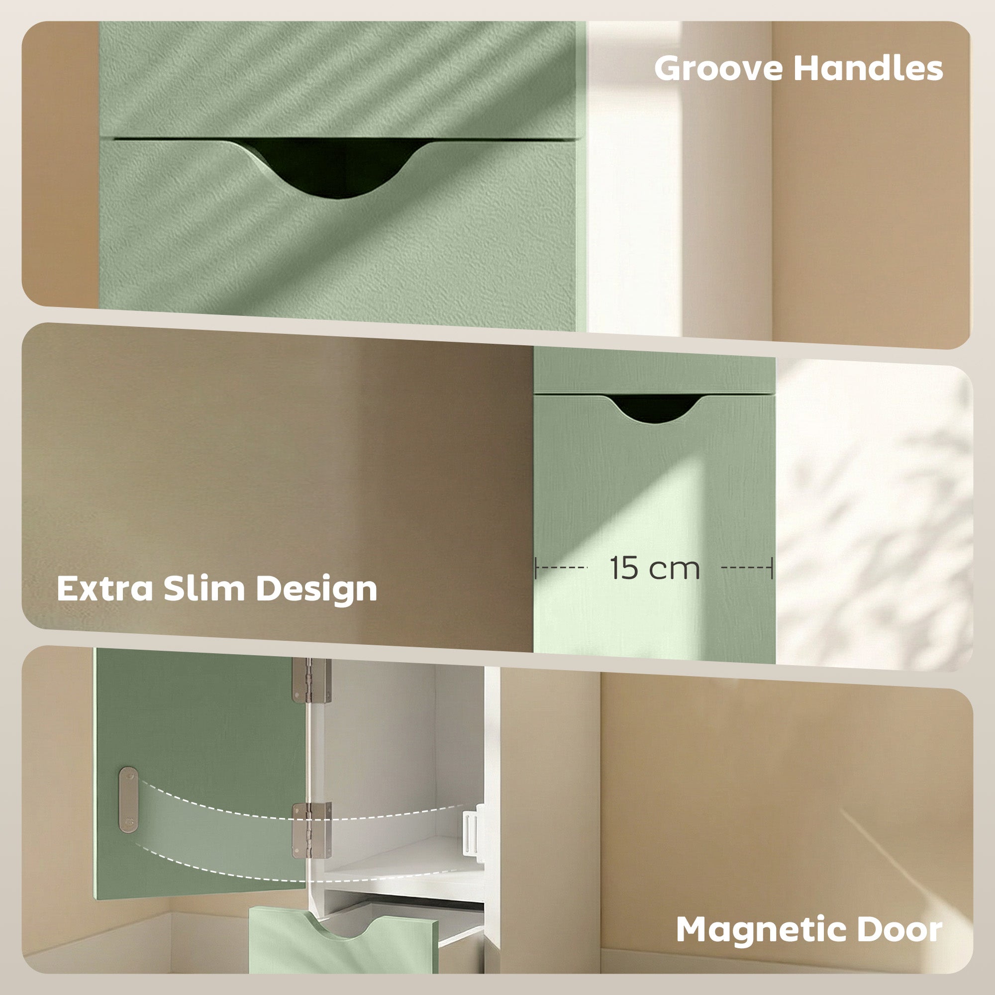 Tall Bathroom Cabinet, Freestanding Slim Bathroom Storage Cabinet with 2-Tier Open Shelf and 2 Drawers for Small Space, Narrow Cupboard Storage Unit, White and Light Green