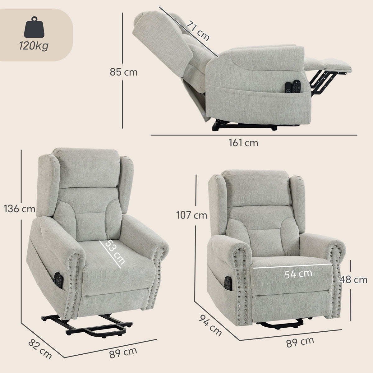 Riser Recliner Chair with Vibration Massage and Heat, Chenille Electric Power Lift Recliner Chair for Elderly with Spring Cushion, USB Port, Plush High Back, Remote, Side Pockets, Light Grey