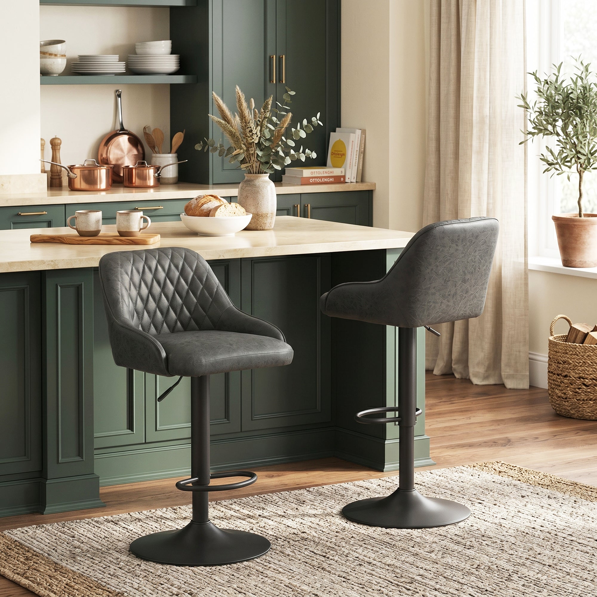 Breakfast Bar Stools Set of 2 with Wide Padded Seat, PU Leather Adjustable Swivel Bar Chairs, Modern Barstools with Footrest for Kitchen Island Counter, Home Bar, Dark Grey