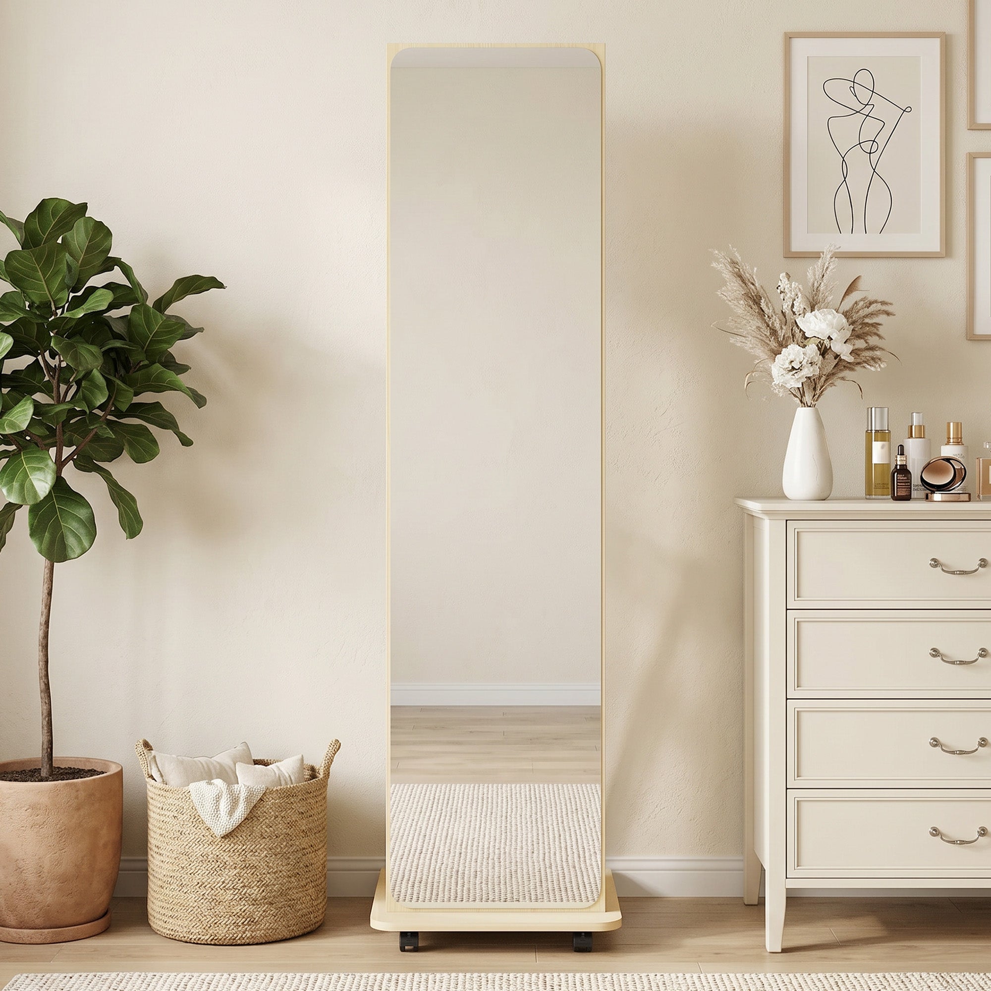 15" x 62" Full Length Mirror, Tempered Glass Floor Mirror on Wheels with Storage Shelves, Coat Hangers for Bedroom, Living Room, Natural Wood