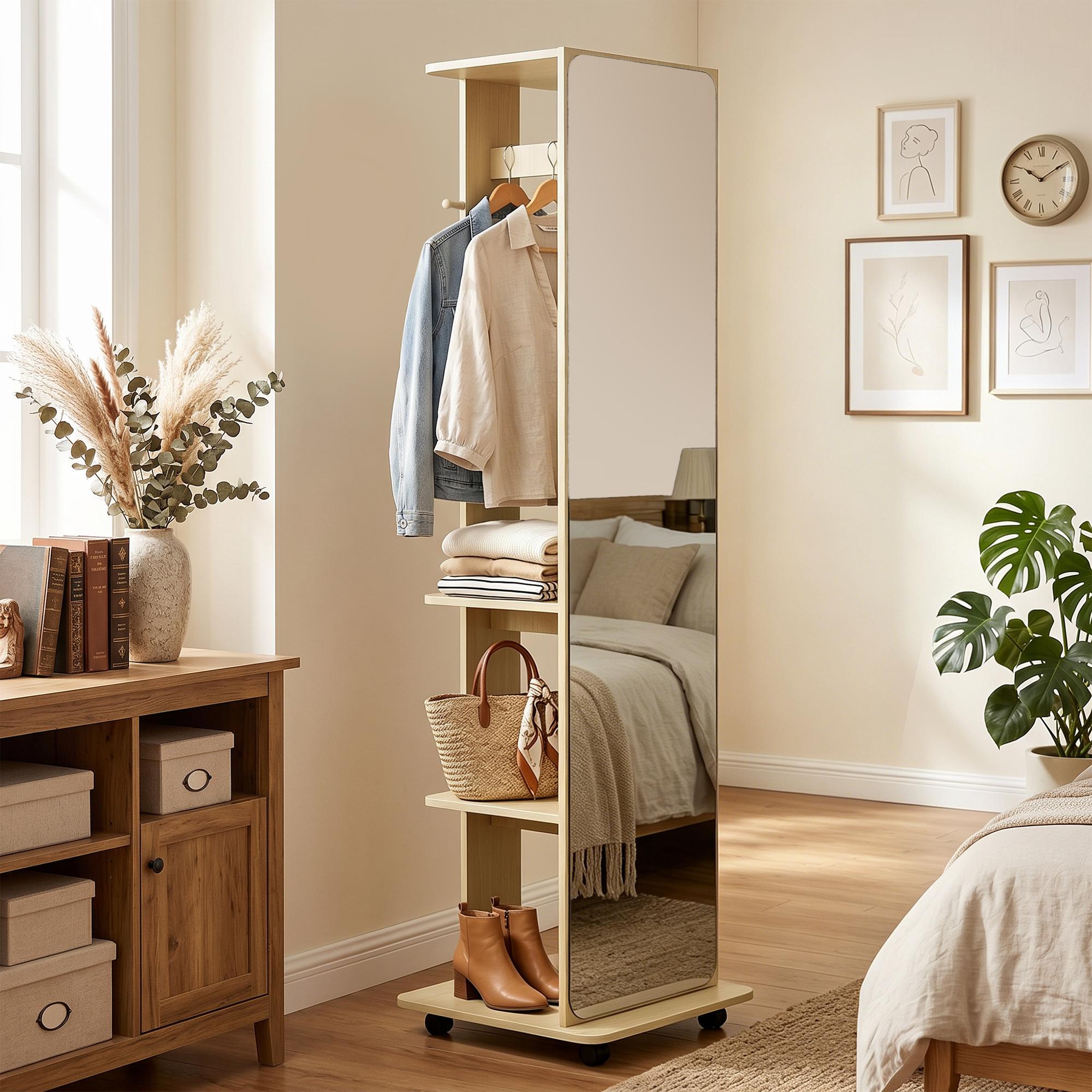 15" x 62" Full Length Mirror, Tempered Glass Floor Mirror on Wheels with Storage Shelves, Coat Hangers for Bedroom, Living Room, Natural Wood