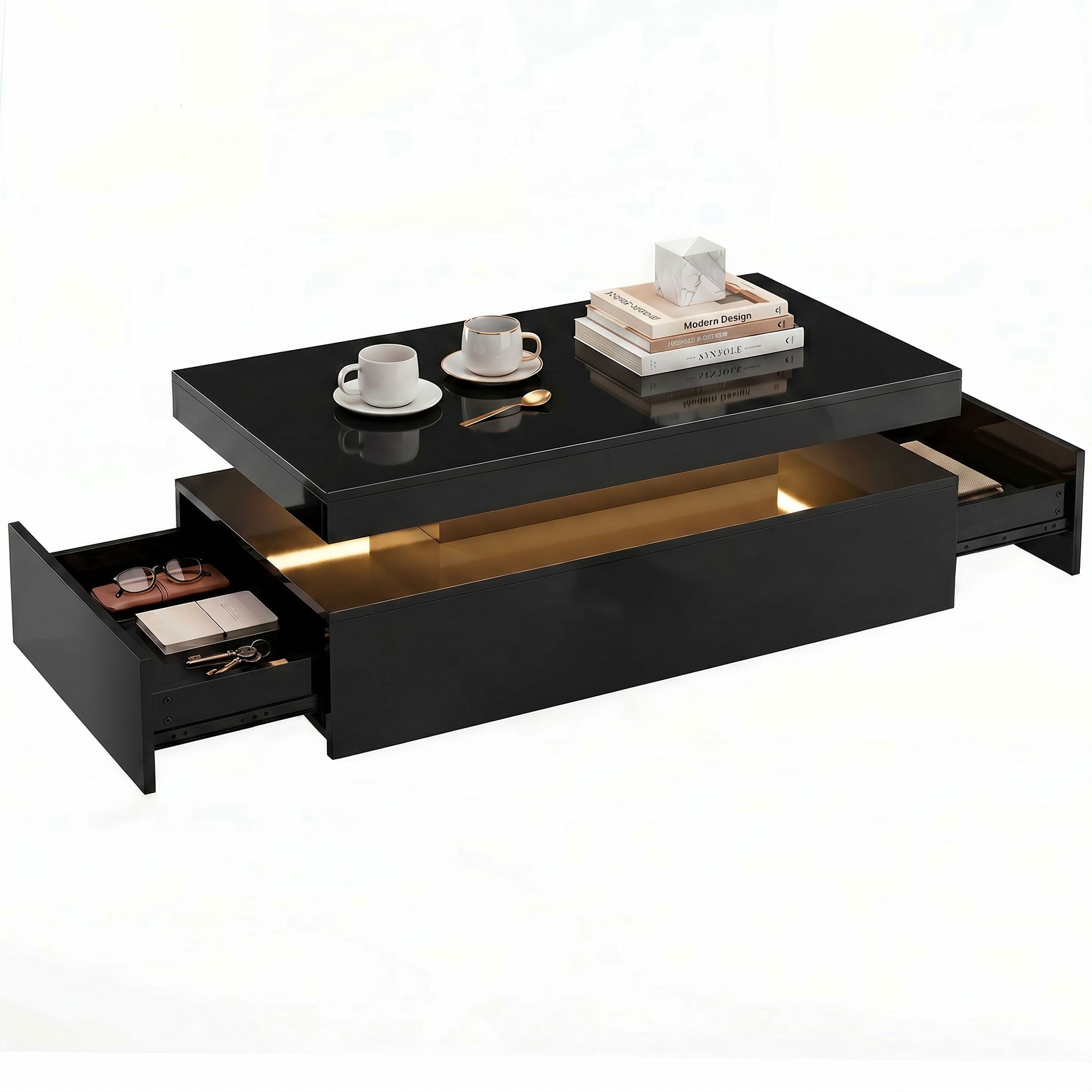 LED Coffee Table with Storage, 2-Tier Modern Rectangular Center Table with 2 Drawers and Open Compartment for Living Room, High Gloss Black