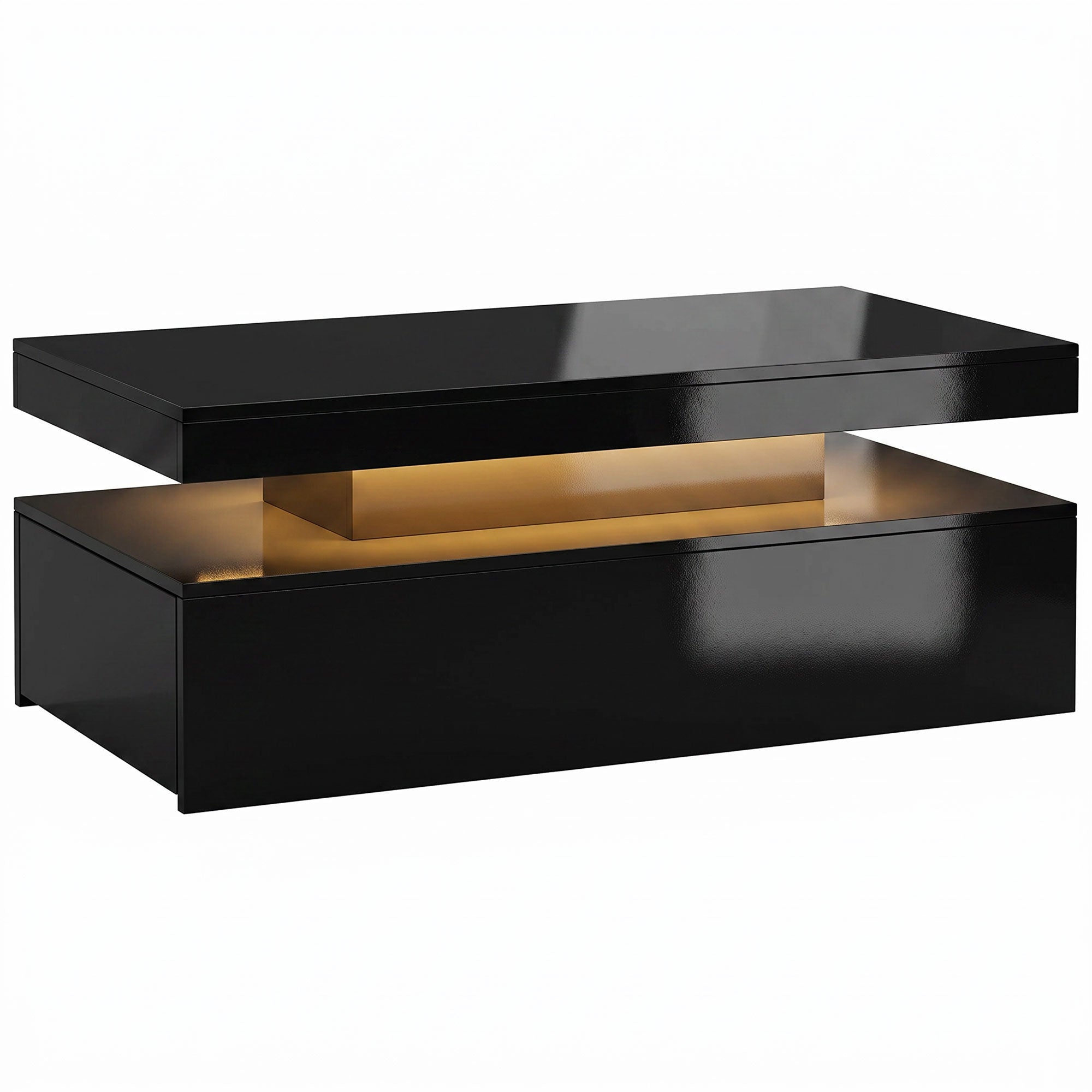 LED Coffee Table with Storage, 2-Tier Modern Rectangular Center Table with 2 Drawers and Open Compartment for Living Room, High Gloss Black