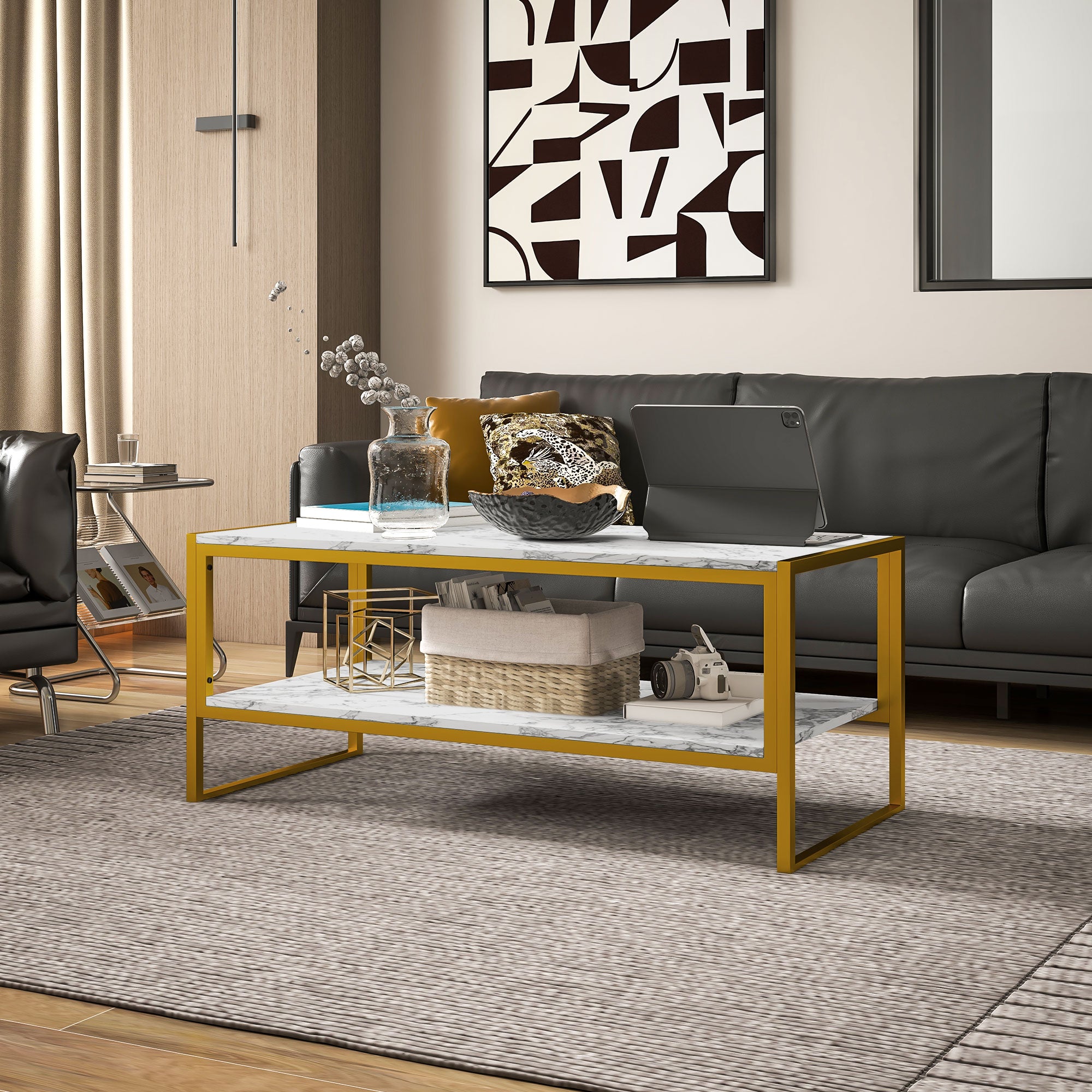 HOMCOM Coffee Table, Two-Tier Marble Centre Table with Metal Frame and Storage Shelf for Living Room, 106 x 50 x 45cm, White