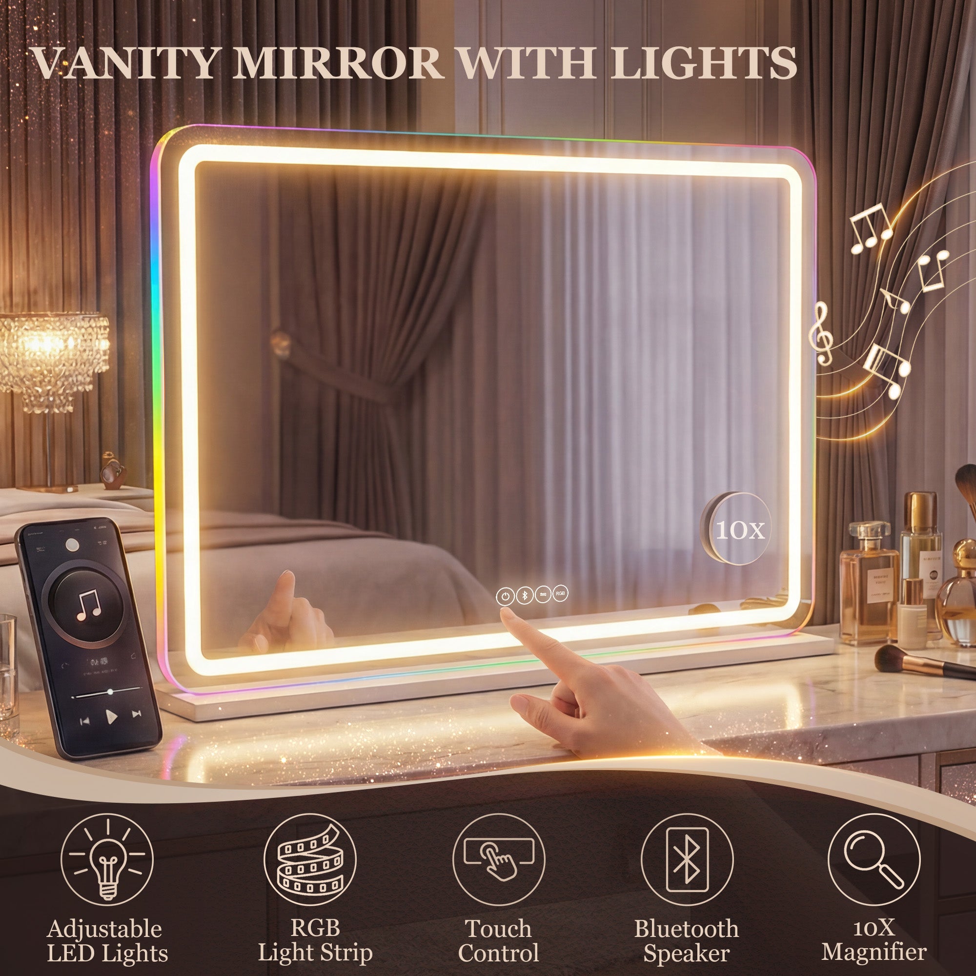Vanity Mirror with Lights, Dimmable Makeup Mirror with Adjustable Colour Temperature, RGB Light, Bluetooth Speaker, 10X Magnification, Touch Control, 80 x 60 cm, Tabletop & Wall-Mounted, White