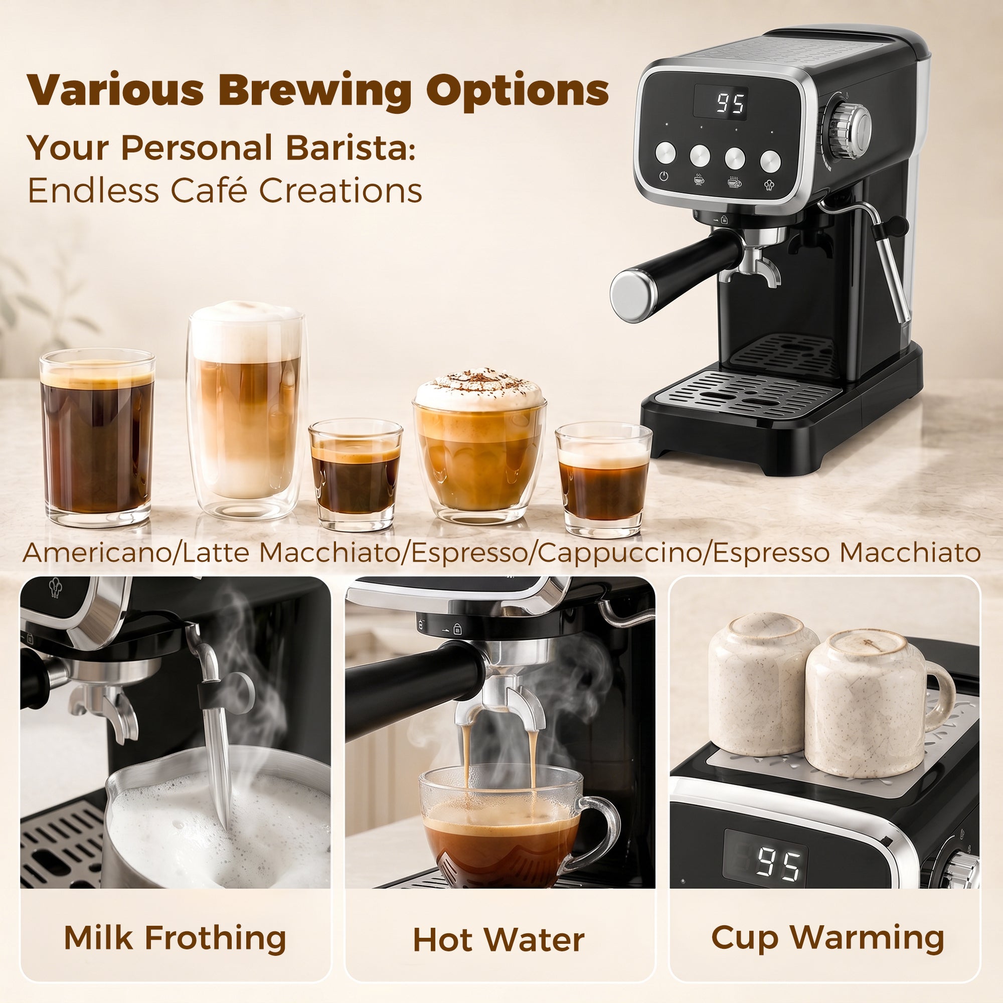 Espresso Machine with Milk Frother Wand, 1350W Semi Automatic 20 Bar Coffee Machine with 1.2L Water Tank, Latte and Cappuccino Maker with Single/Double Shot, Hot Water, Cup Warming, Black
