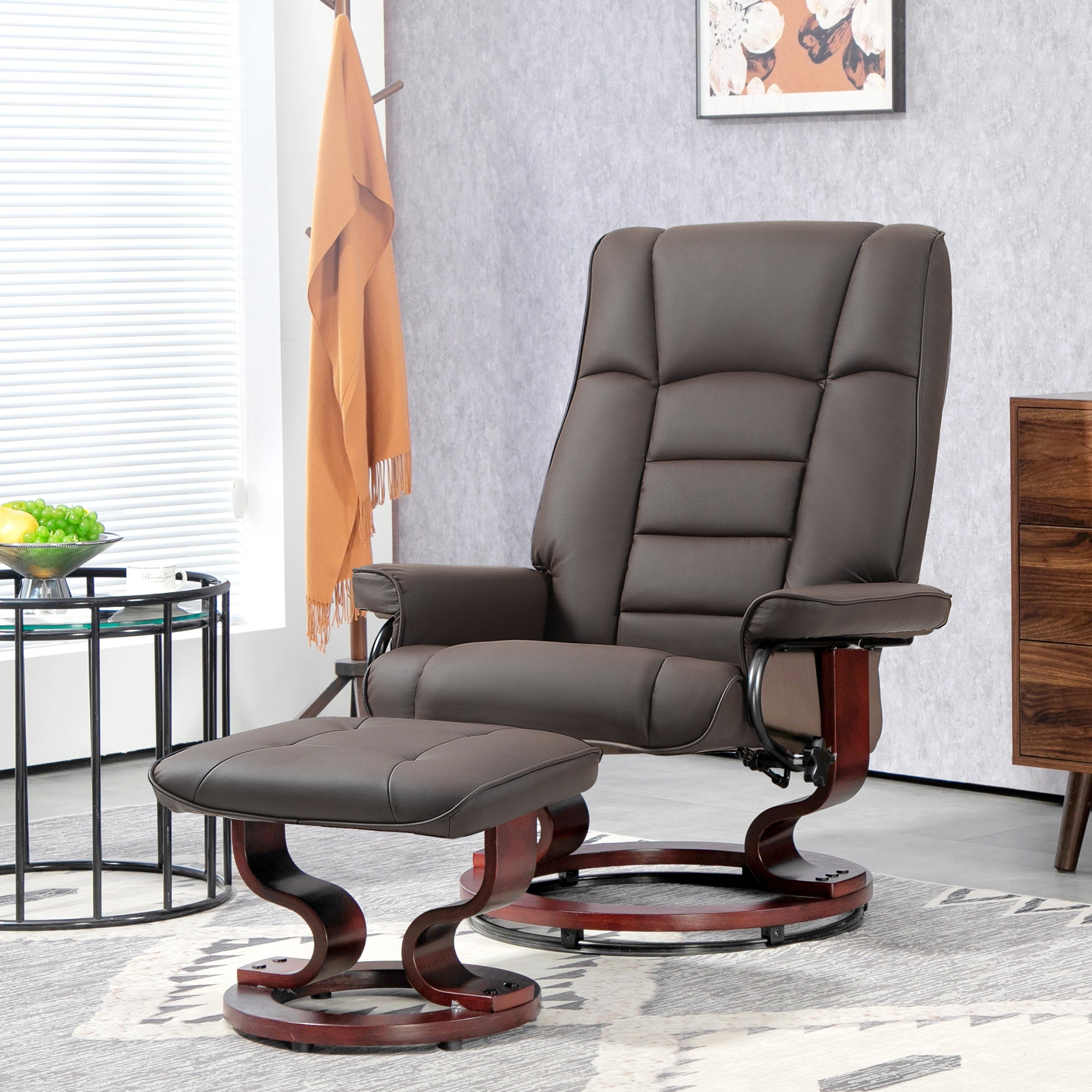 Faux Leather Recliner with Ottoman, Swivel Recliner w/ High Back & Wood Base, Brown