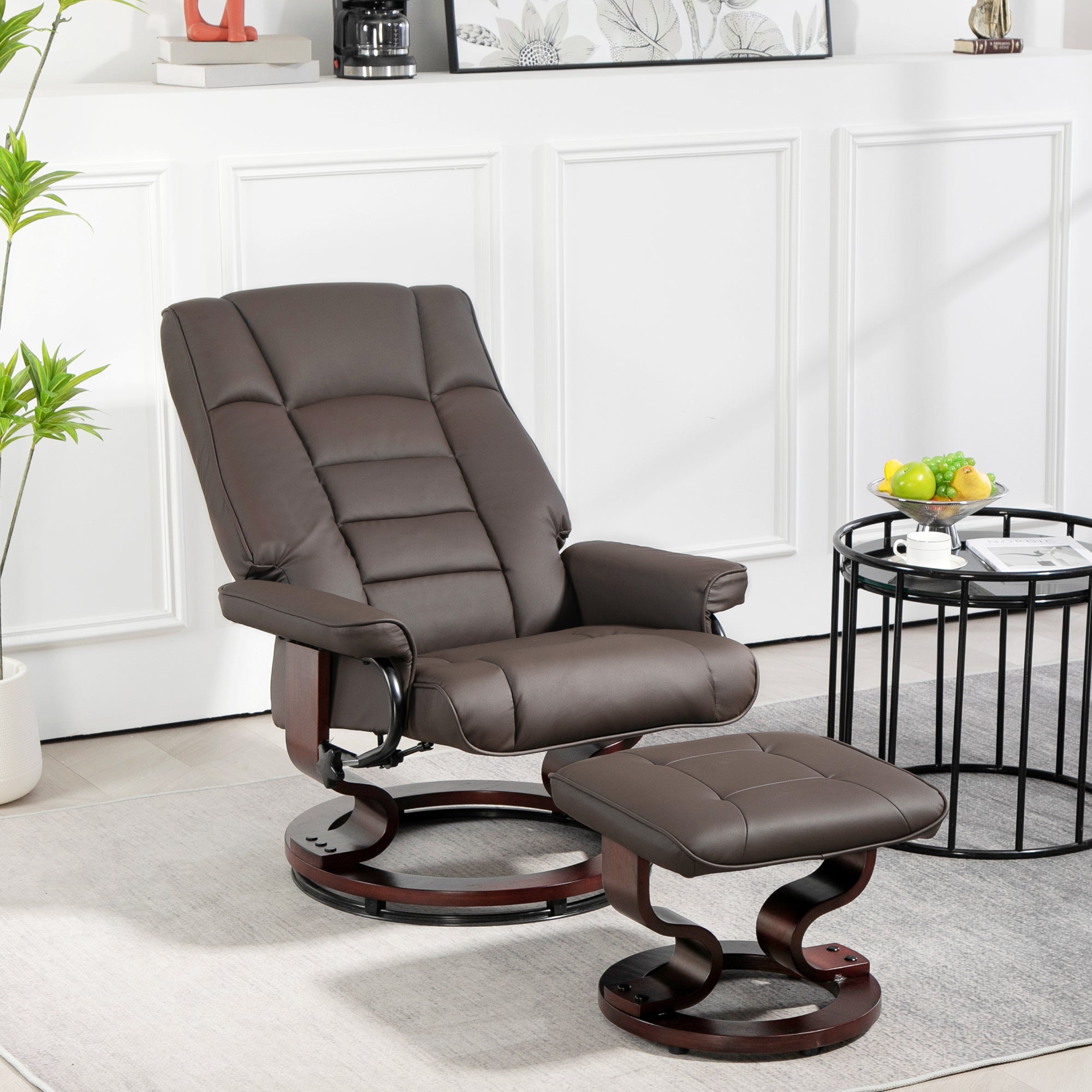 Faux Leather Recliner with Ottoman, Swivel Recliner w/ High Back & Wood Base, Brown