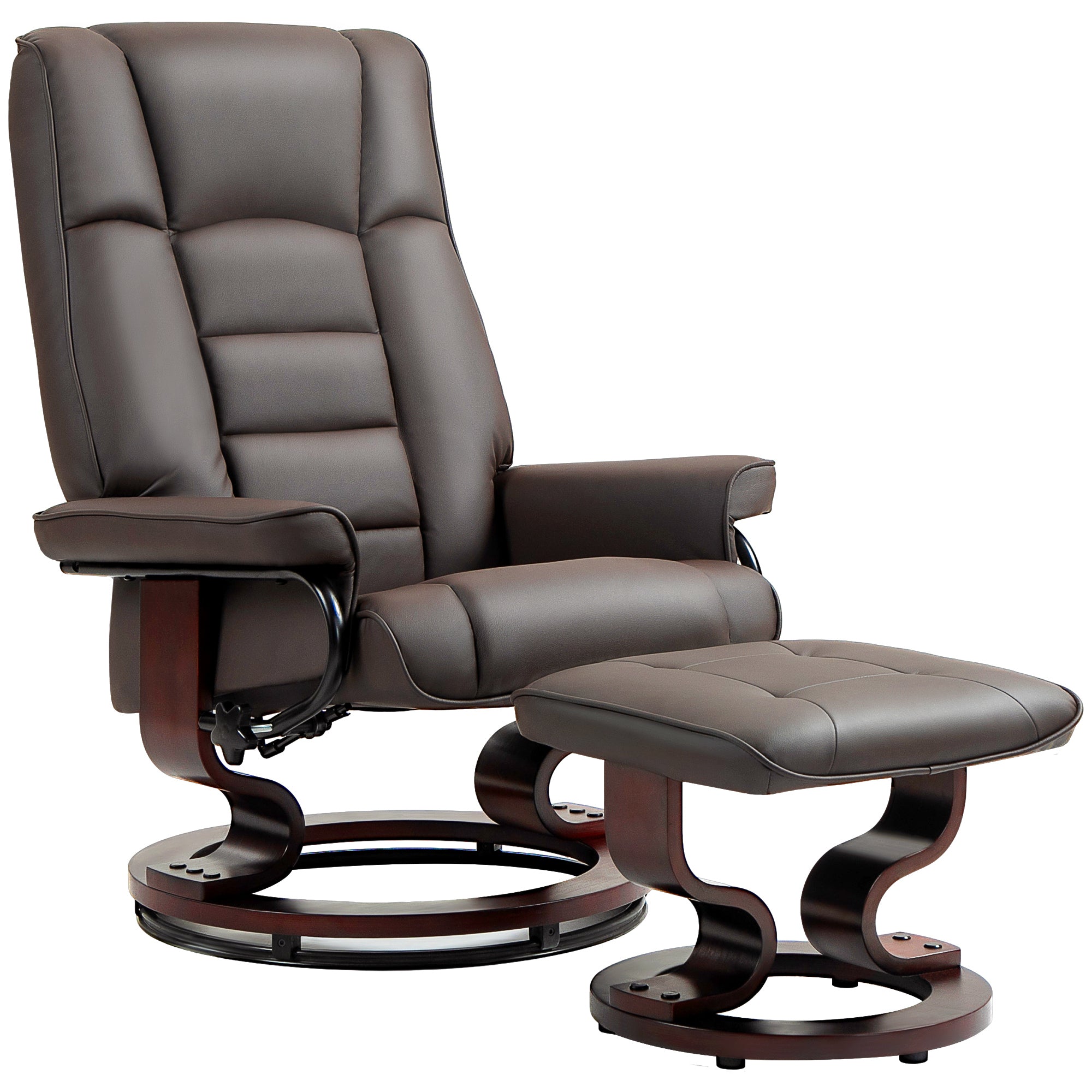 Faux Leather Recliner with Ottoman, Swivel Recliner w/ High Back & Wood Base, Brown