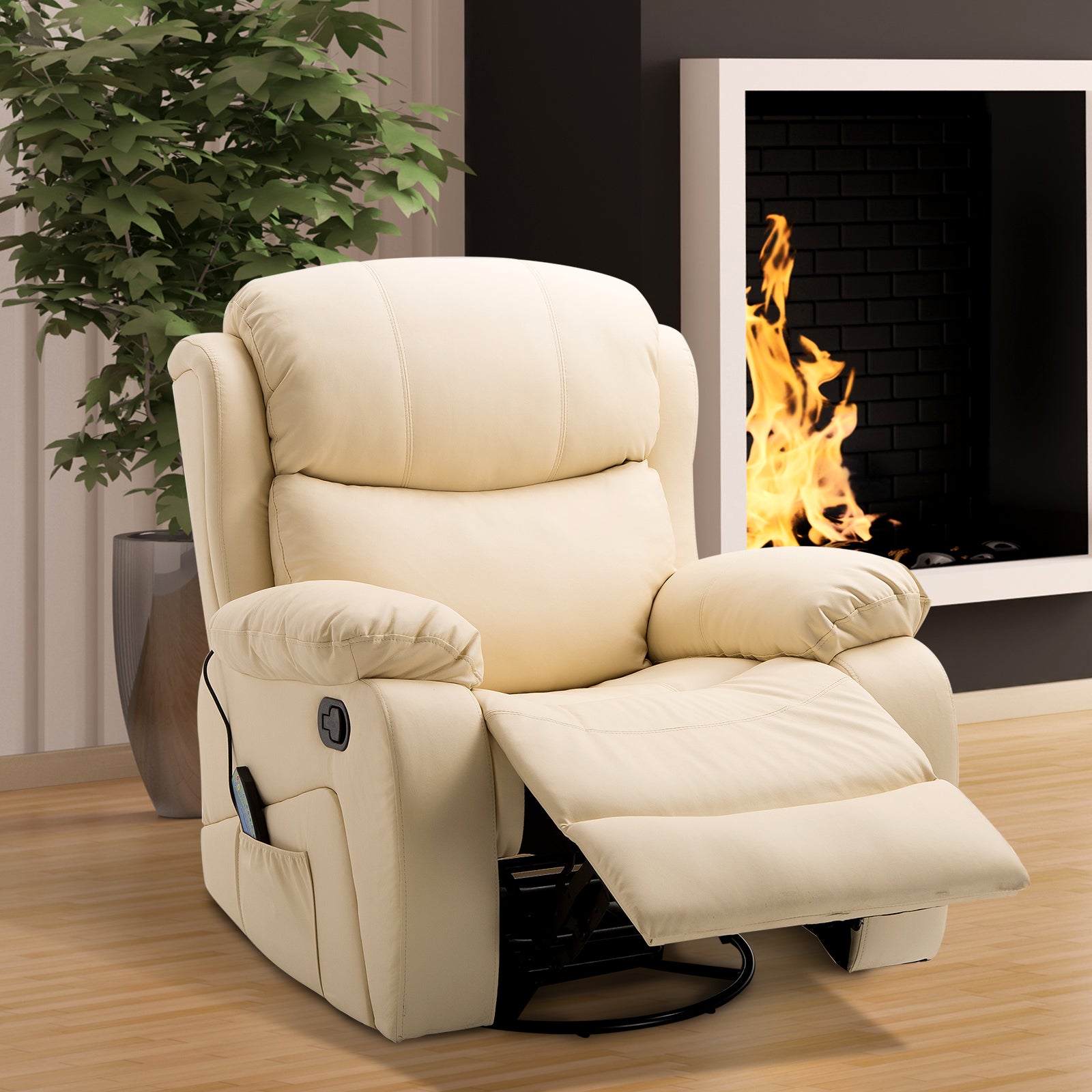 HOMCOM PU Leather Massage Recliner Chair with 8 Points and Heat, Manual Reclining Chair with Swivel Base, Footrest and Remote, Rocking Armchair, Beige