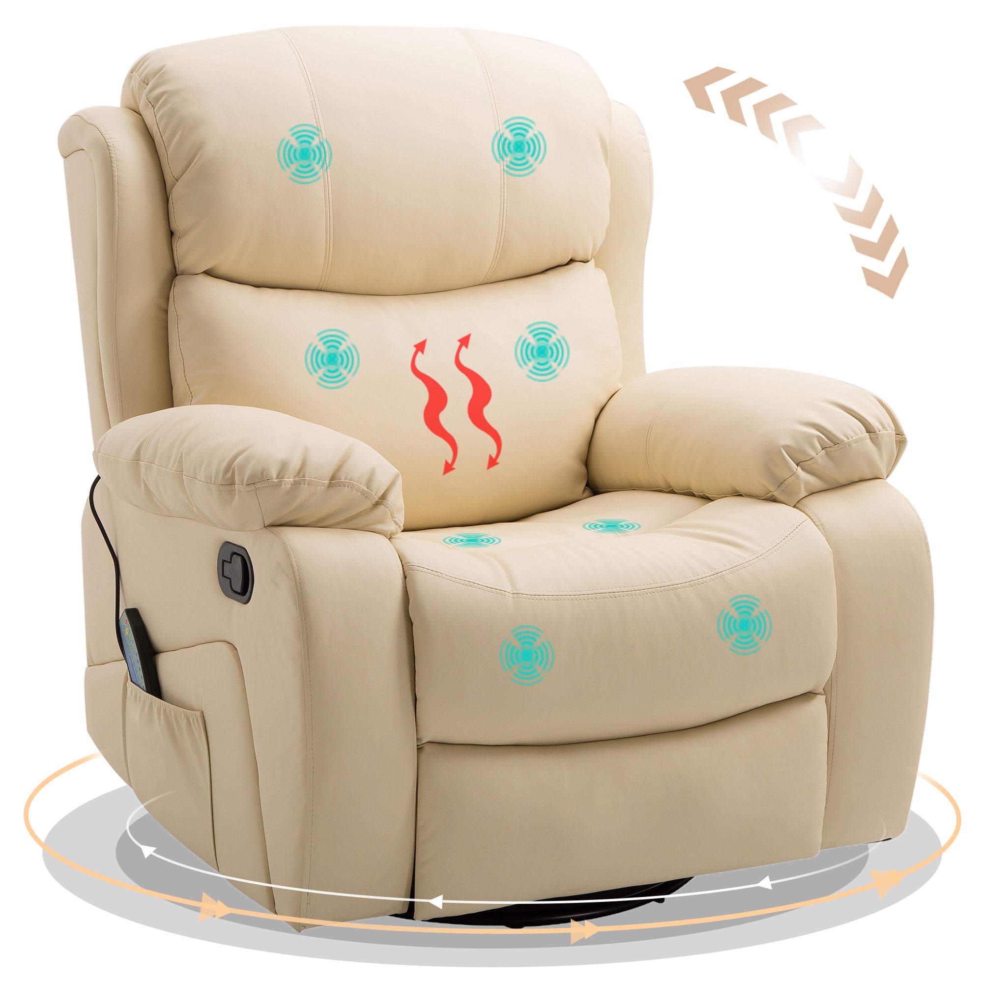 HOMCOM PU Leather Massage Recliner Chair with 8 Points and Heat, Manual Reclining Chair with Swivel Base, Footrest and Remote, Rocking Armchair, Beige