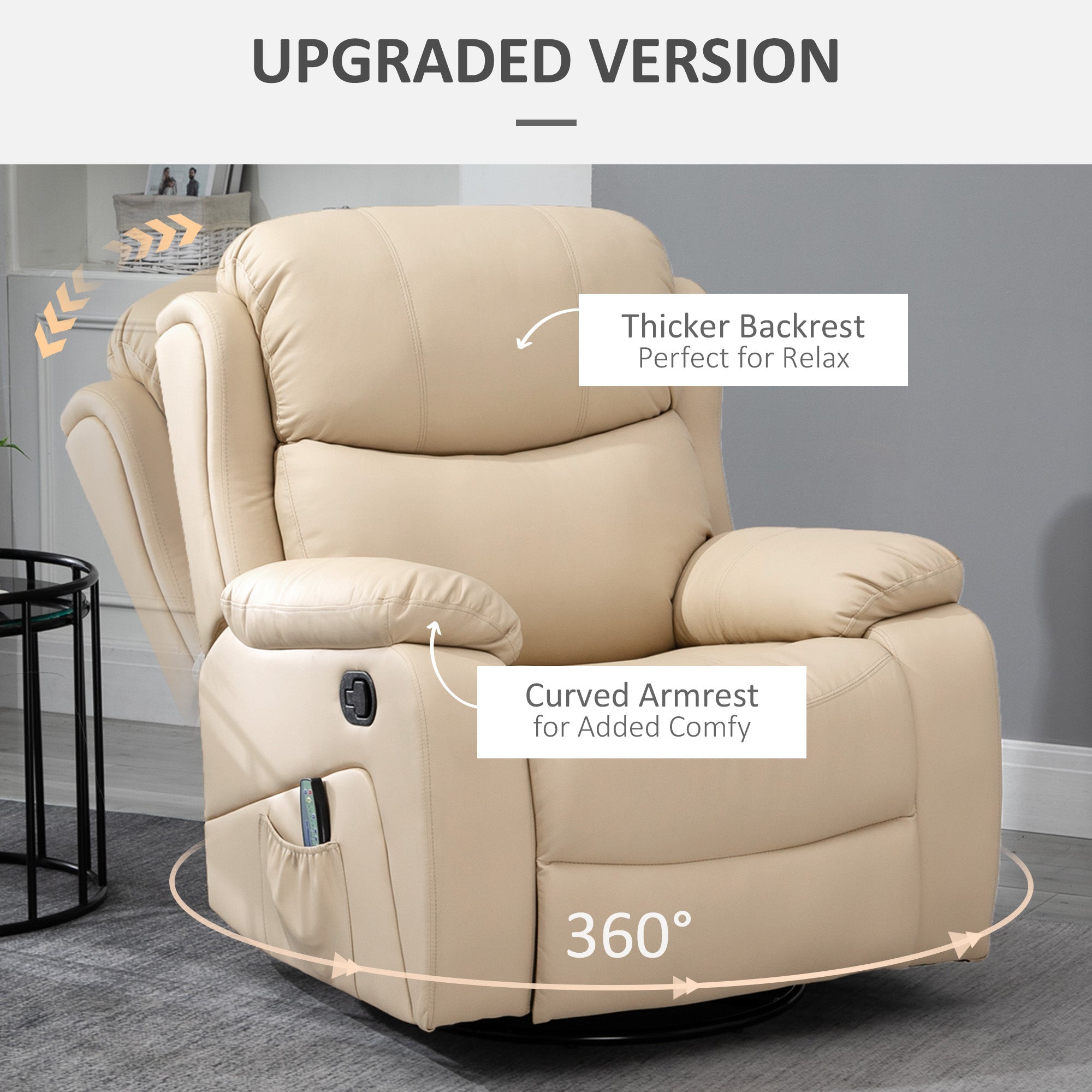 HOMCOM PU Leather Massage Recliner Chair with 8 Points and Heat, Manual Reclining Chair with Swivel Base, Footrest and Remote, Rocking Armchair, Beige
