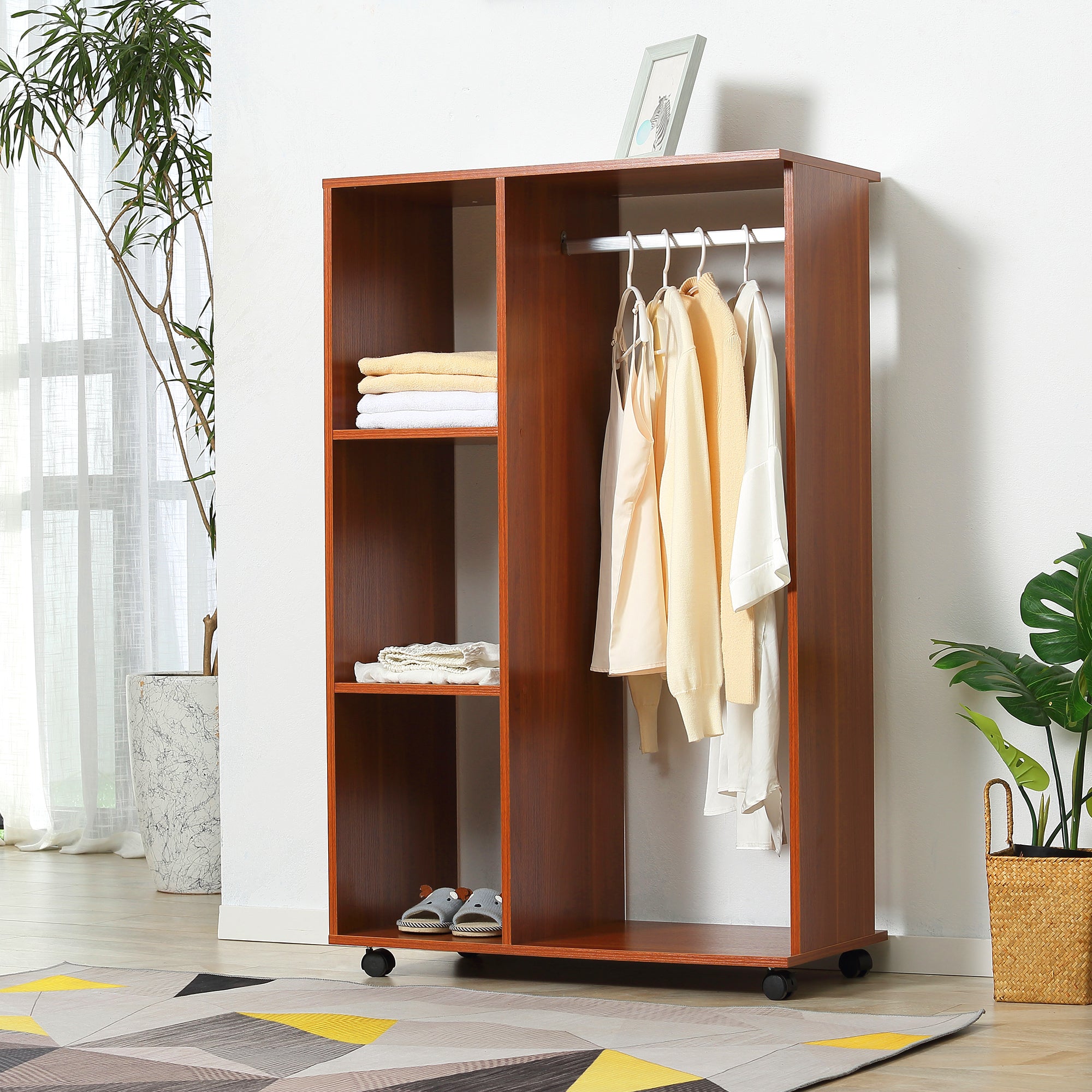 HOMCOM Open Wardrobe on Wheels with Clothes Rail, Bedroom Clothes Storage with Hanging Rod, 3 Storage Shelves, Mobile Garment Rack for Cloakroom, Hallway, Walnut
