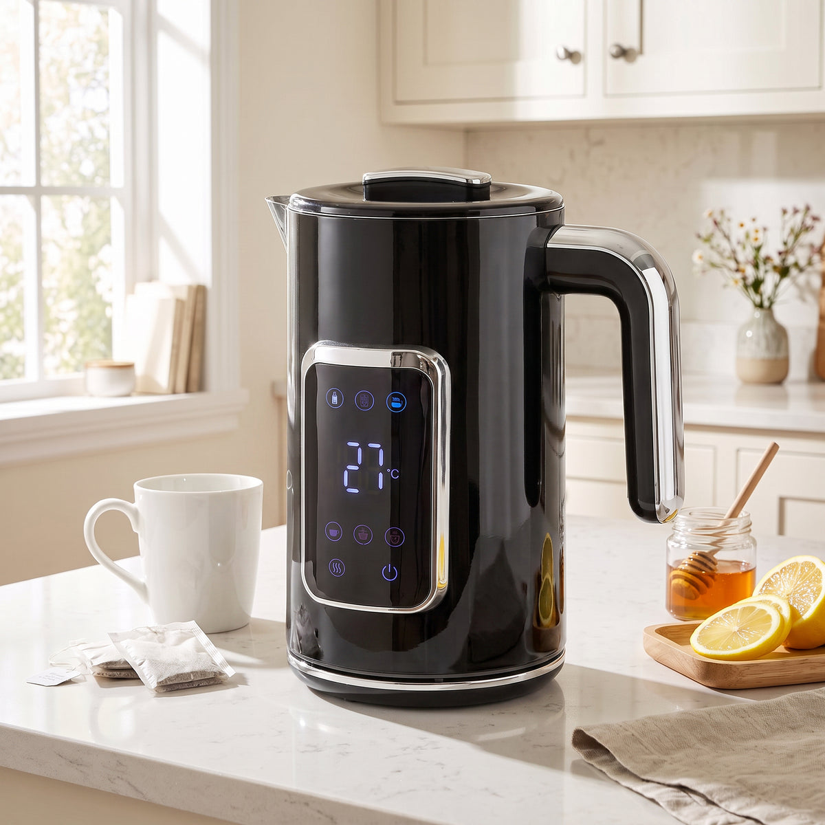 Electric Kettle, 1.7L Fast Boil 3000W Water Kettle with LED Display, Adjustable Temperature, Keep Warm Function, Auto Shut-off Boil-Dry Protection, Double-Wall, Black