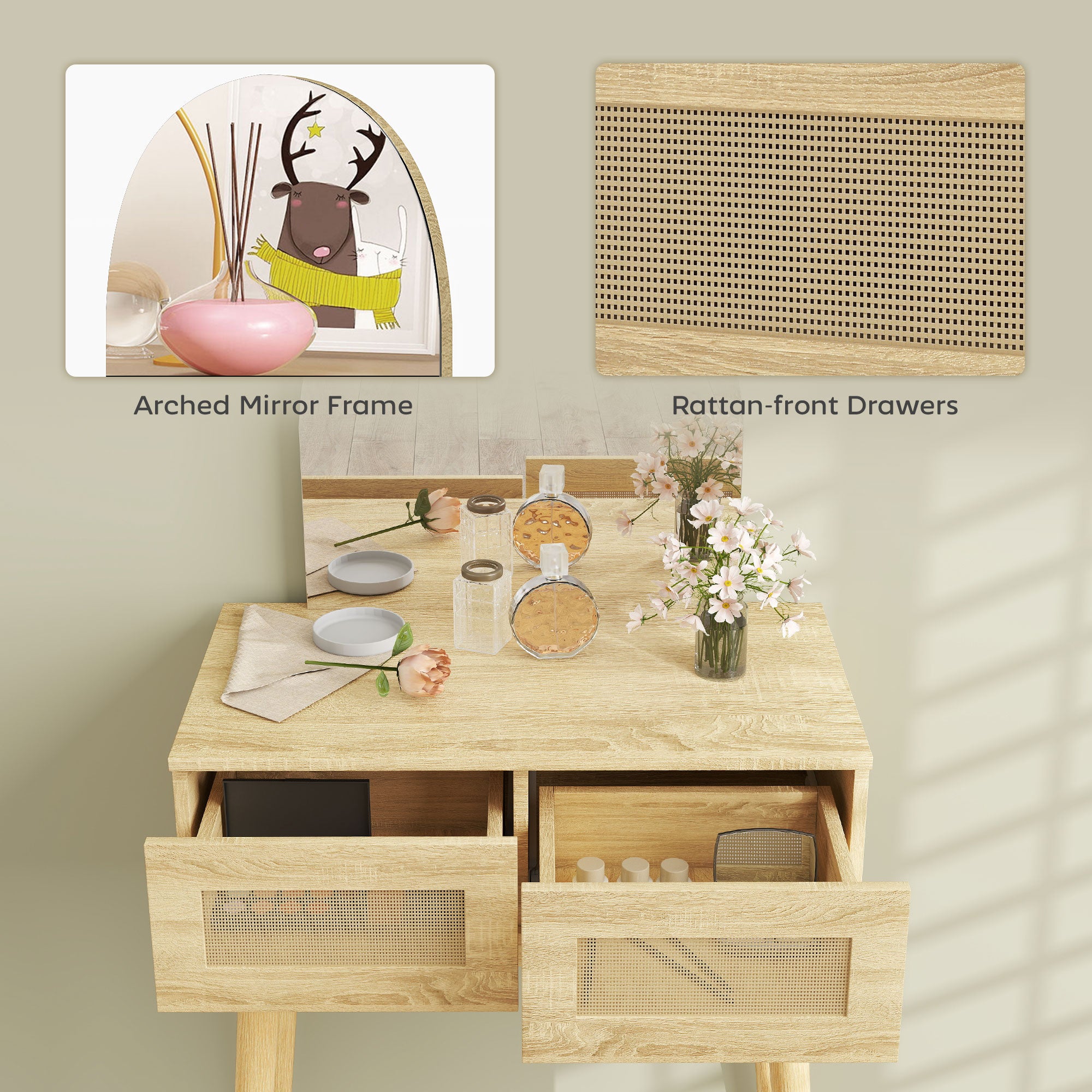 Vanity Desk with Arched Mirror, Modern Compact Makeup Vanity with 2 Drawers, Dressing Table for Bedroom, Natural Wood