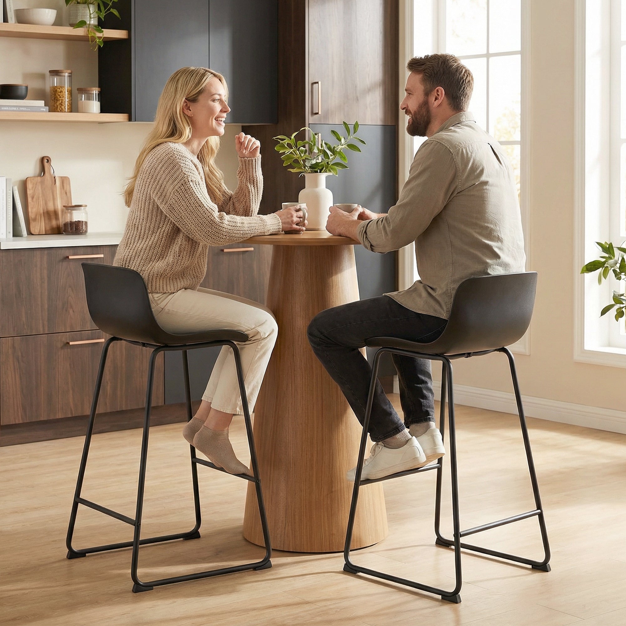 Modern Bar Stools Set of 2, PU Leather Upholstered Barstools, Counter Height Kitchen Chairs with Footrest for Breakfast Bars, Dining Room, Black