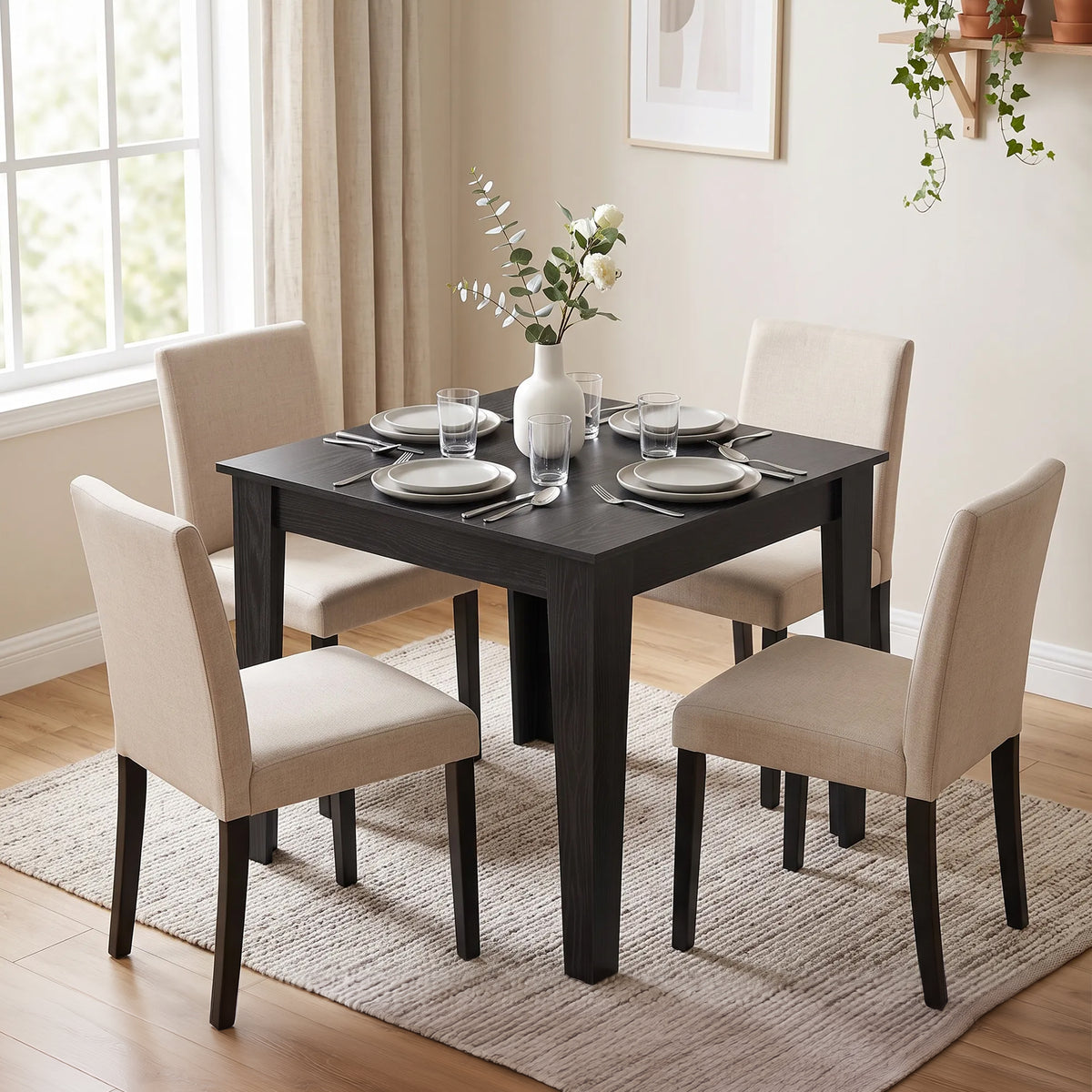 Square Dining Table for 4, 31.5" Modern Kitchen Table with Wood Effect Tabletop, for Dining Room, Kitchen, Living Room, Black Wood Effect