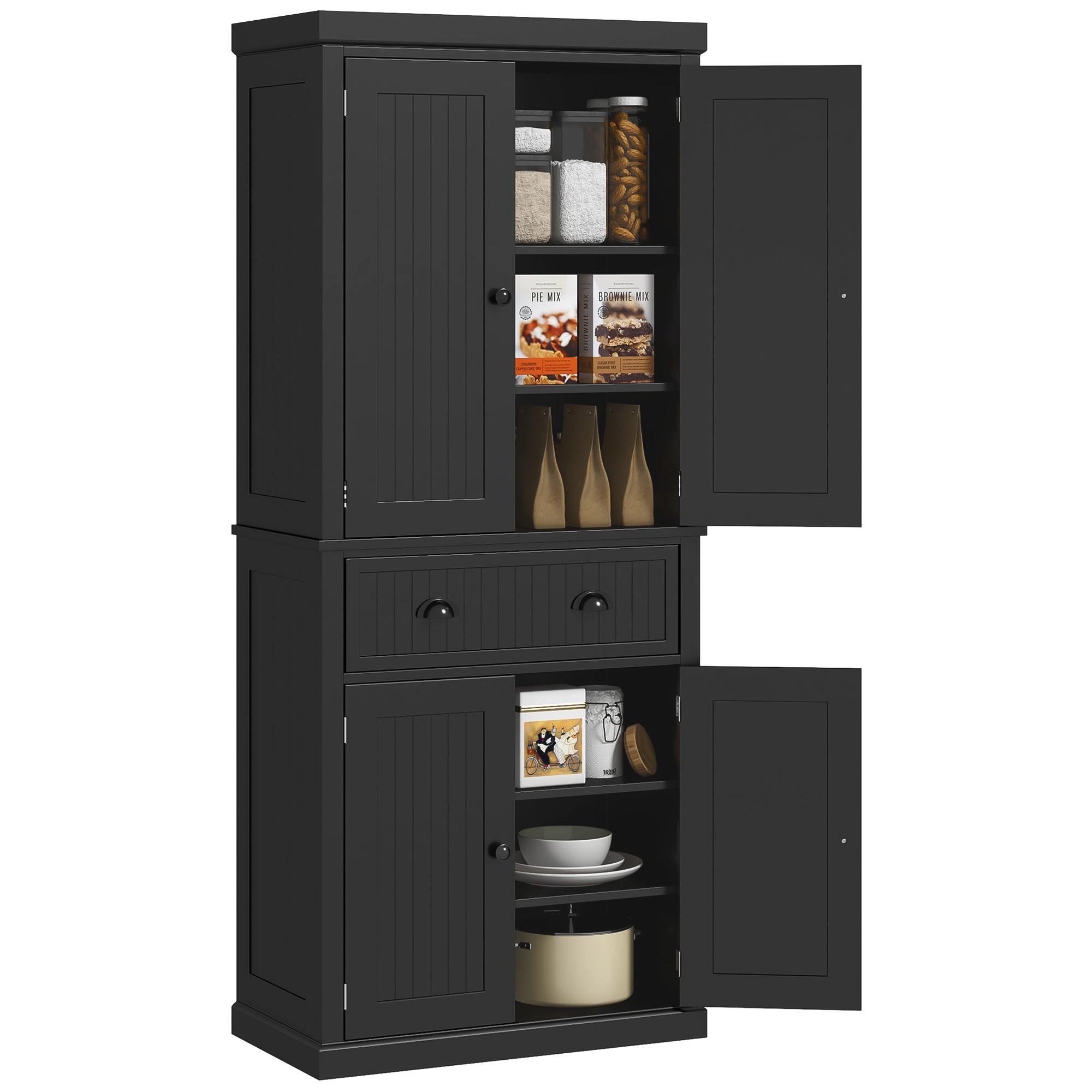 HOMCOM 183cm Freestanding Kitchen Cupboard, Tall Storage Cabinet with 4 Doors and 3 Adjustable Shelves, Traditional Kitchen Pantry Cupboard for Dining Room, Black
