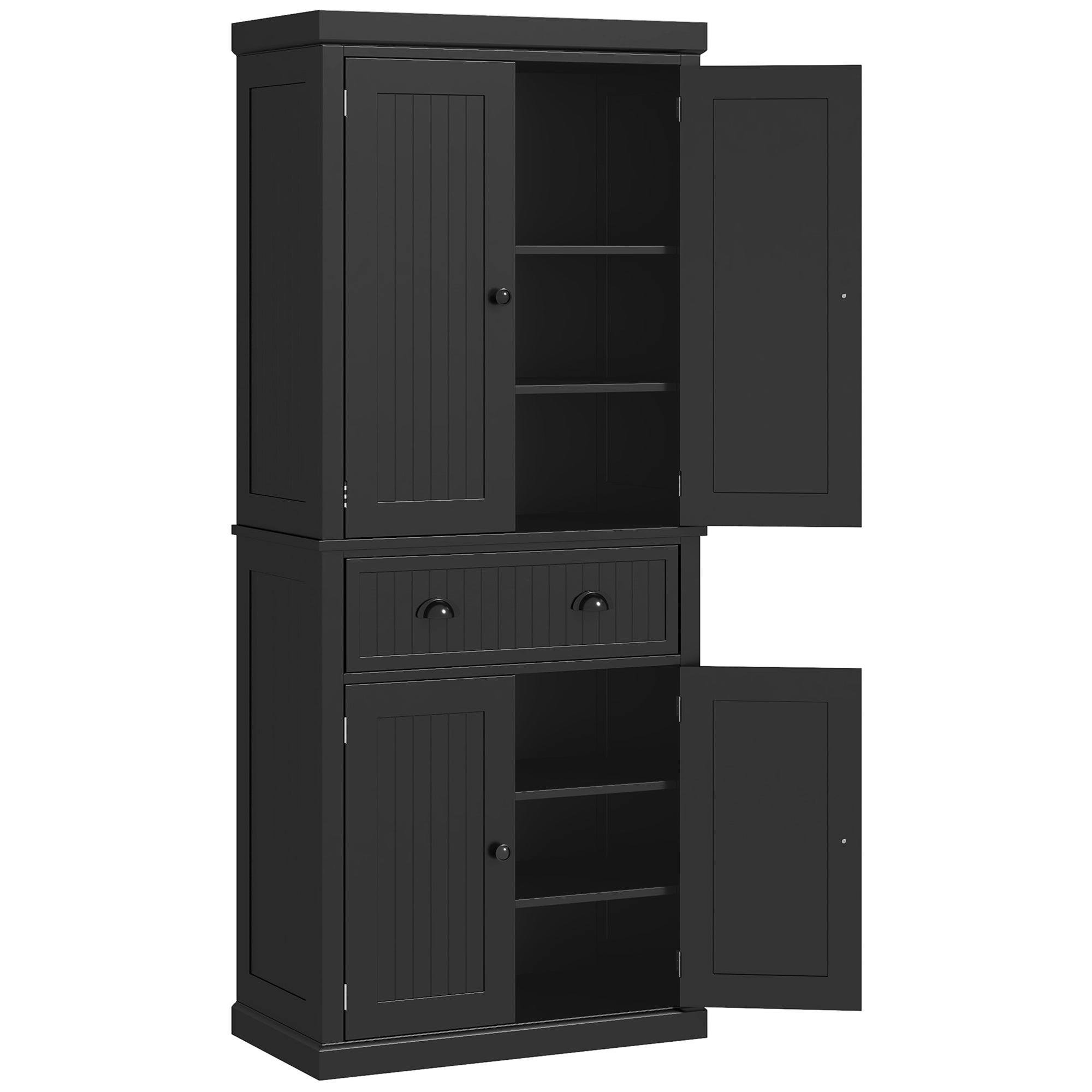 HOMCOM 183cm Freestanding Kitchen Cupboard, Tall Storage Cabinet with 4 Doors and 3 Adjustable Shelves, Traditional Kitchen Pantry Cupboard for Dining Room, Black