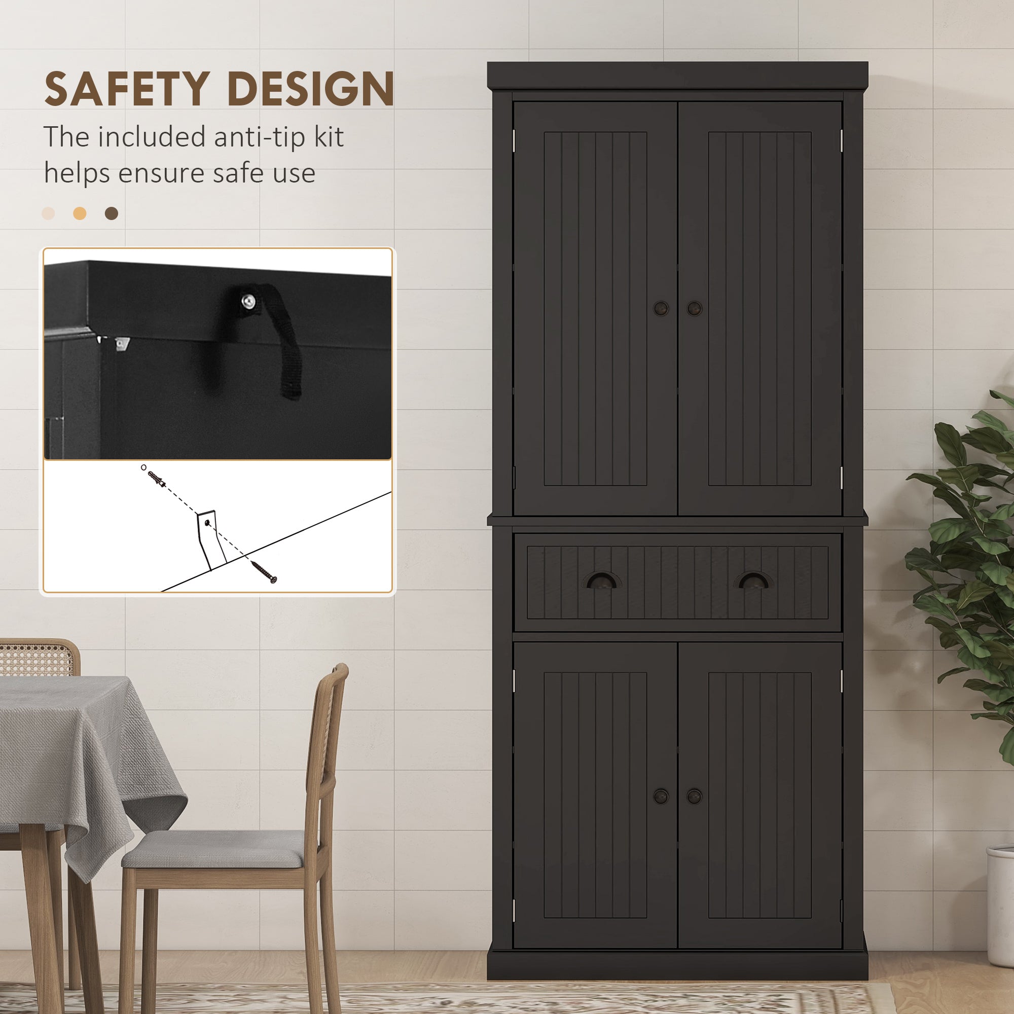 HOMCOM 183cm Freestanding Kitchen Cupboard, Tall Storage Cabinet with 4 Doors and 3 Adjustable Shelves, Traditional Kitchen Pantry Cupboard for Dining Room, Black