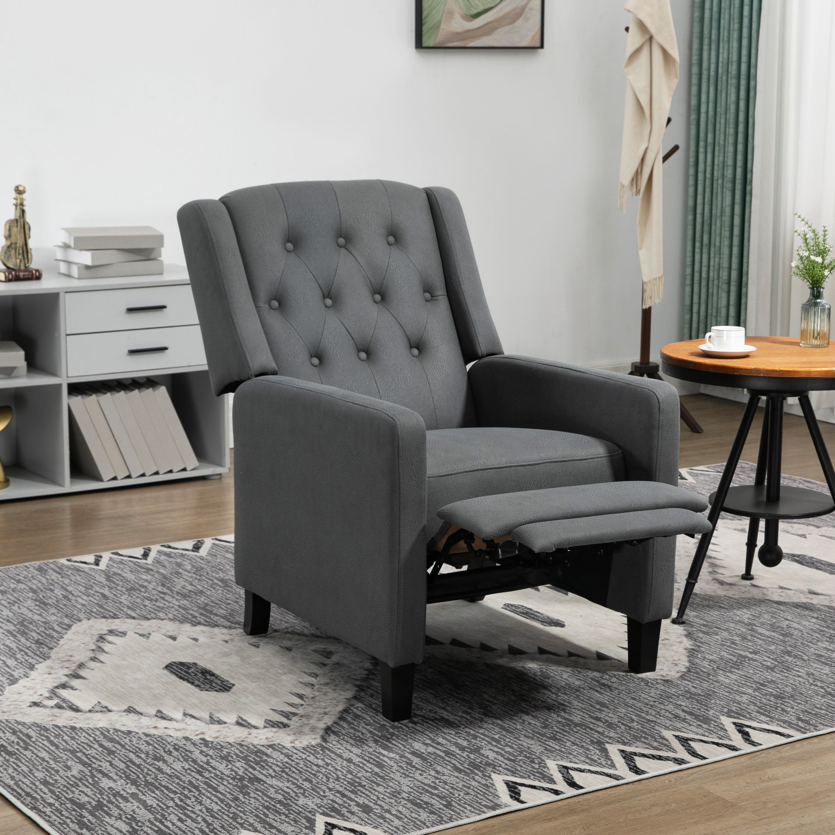 HOMCOM Wingback Push Back Recliner Armchair, Microfibre Cloth Reclining Chair with Leg Rest, Button Tufted, for Home Living Room Theater, Charcoal Grey