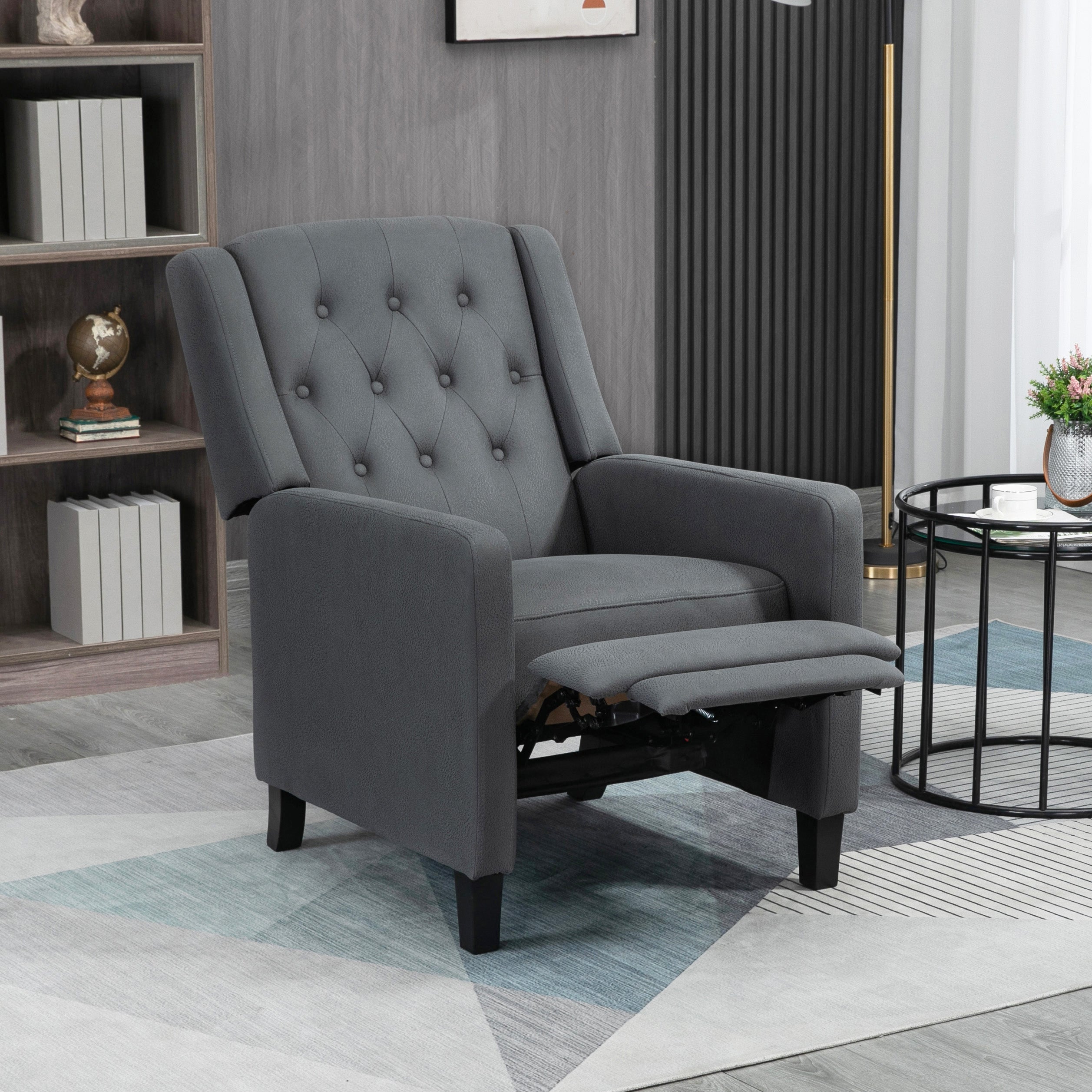 HOMCOM Wingback Push Back Recliner Armchair, Microfibre Cloth Reclining Chair with Leg Rest, Button Tufted, for Home Living Room Theater, Charcoal Grey