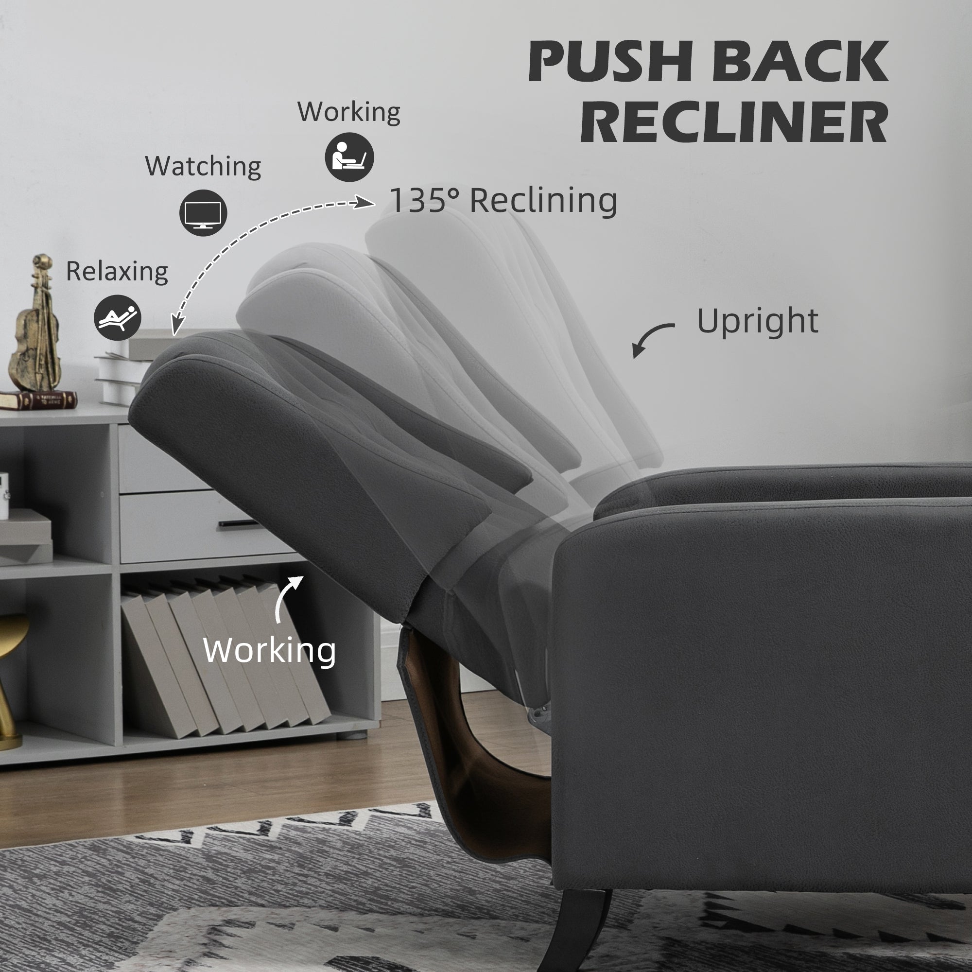 HOMCOM Wingback Push Back Recliner Armchair, Microfibre Cloth Reclining Chair with Leg Rest, Button Tufted, for Home Living Room Theater, Charcoal Grey