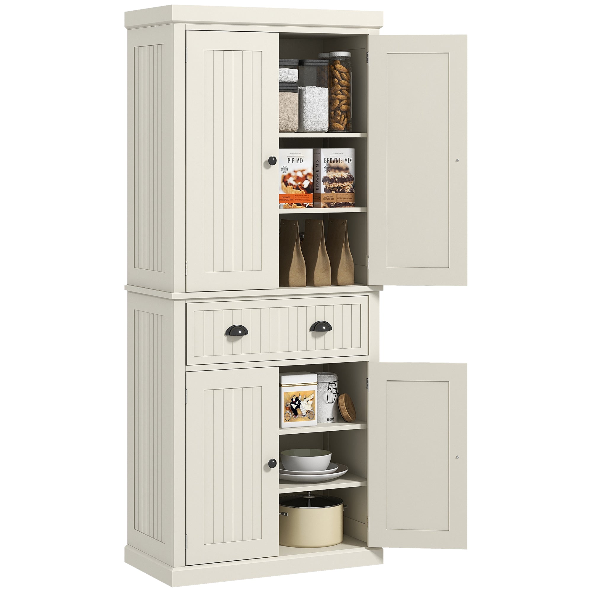 72" Kitchen Pantry Storage Cabinet with 4 Doors & 3 Adjustable Shelves, Cream White