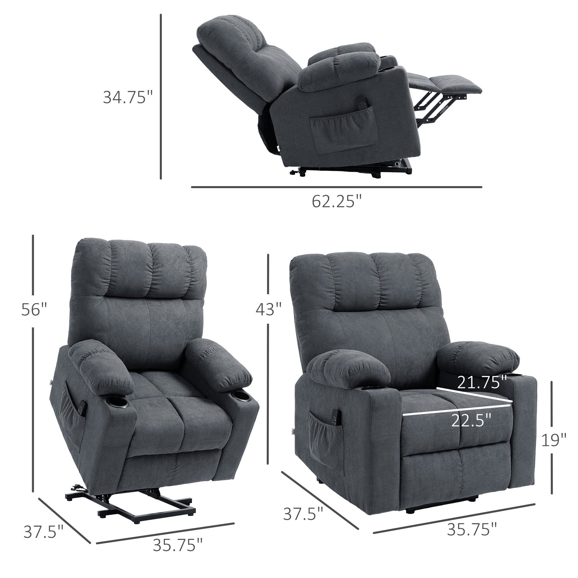 Electric Power Lift Chair Recliners, Oversized Recliner Chair w/ Remote Control, Dark Gray