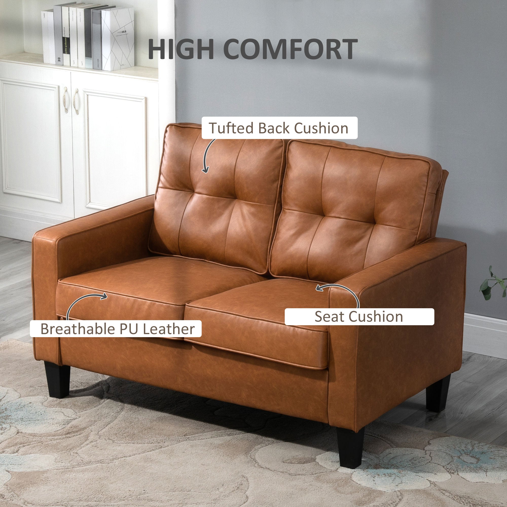 51" Wide Loveseat with Armrest, 2-Seater Tufted PU Leather Double Sofa, Brown