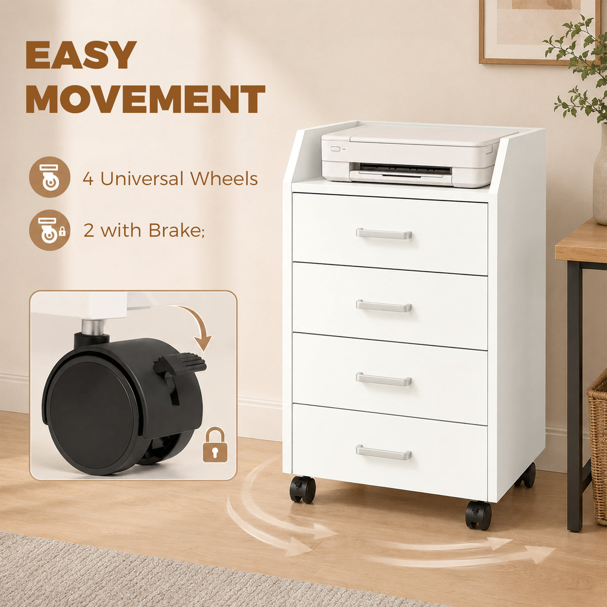 4-Drawer File Cabinet with Lockable Wheels, Vertical Mobile Filing Cabinet, Rolling Printer Stand with Tabletop for Home Office, White