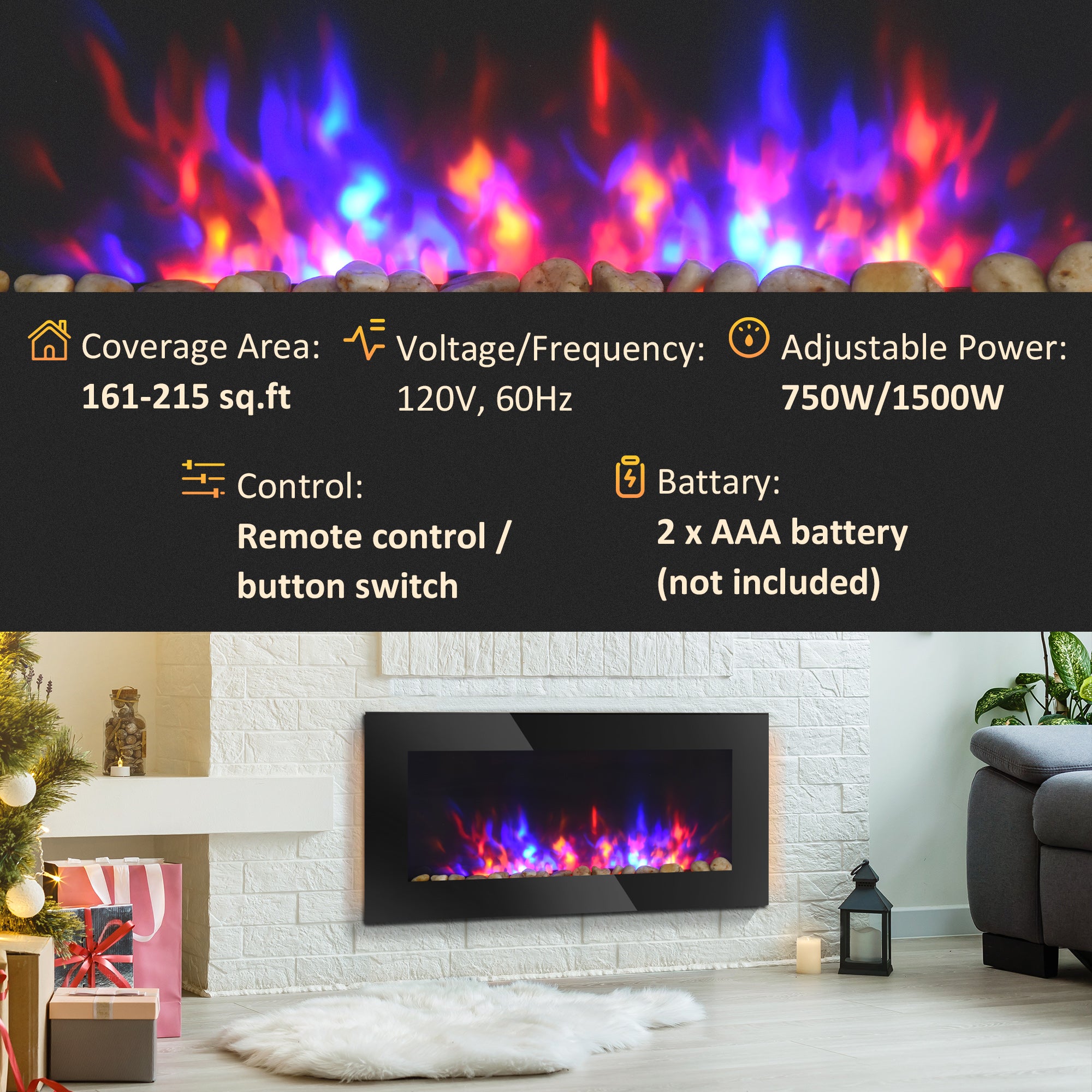 36" 1450W Electric Wall-Mounted Fireplace with Flame Effect, 7 Color Background Light and Side Light, Black