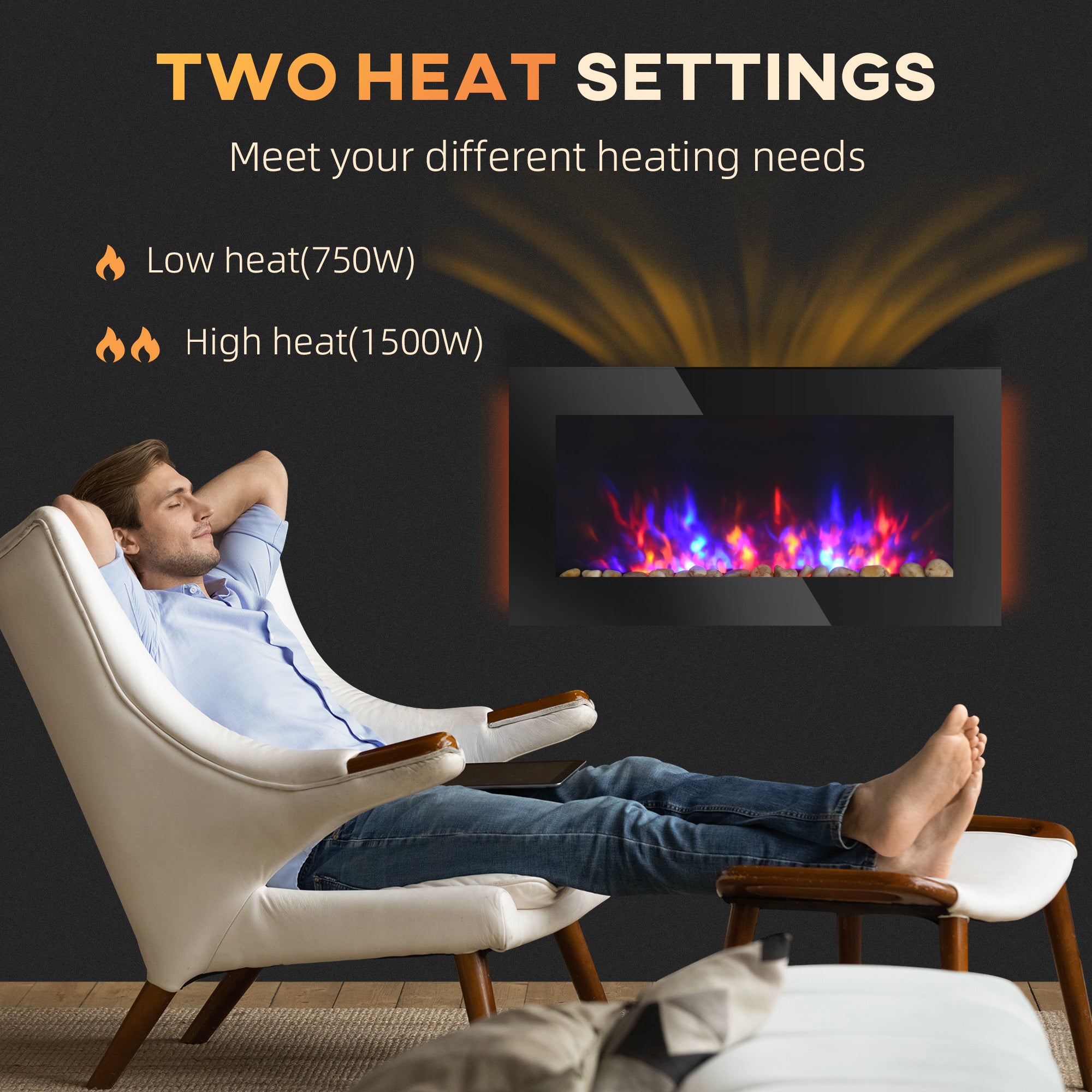 36" 1450W Electric Wall-Mounted Fireplace with Flame Effect, 7 Color Background Light and Side Light, Black