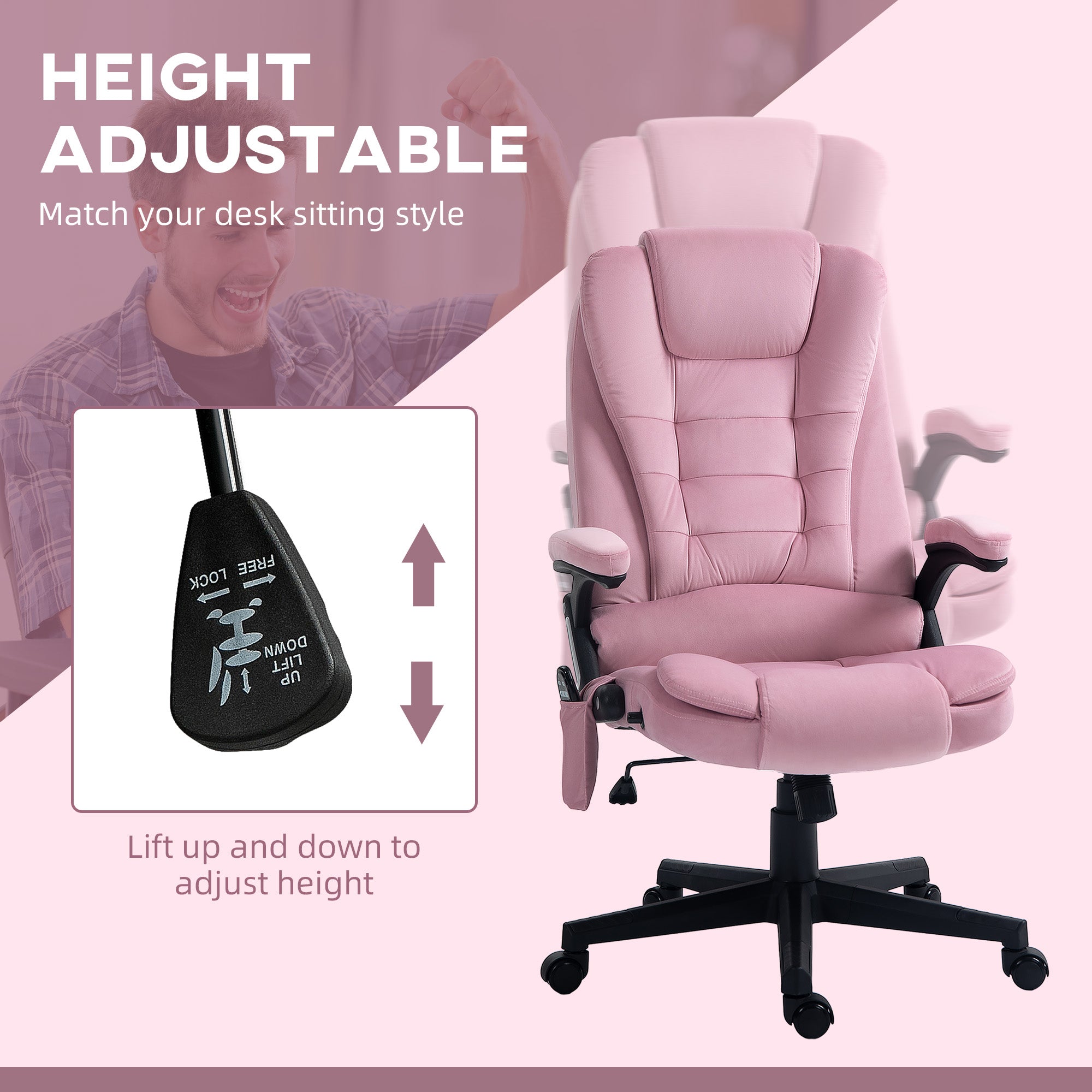 Vinsetto 6 Point Vibrating Massage Home Office Chair High Back Executive Chair with Reclining Back, Swivel Wheels, Pink