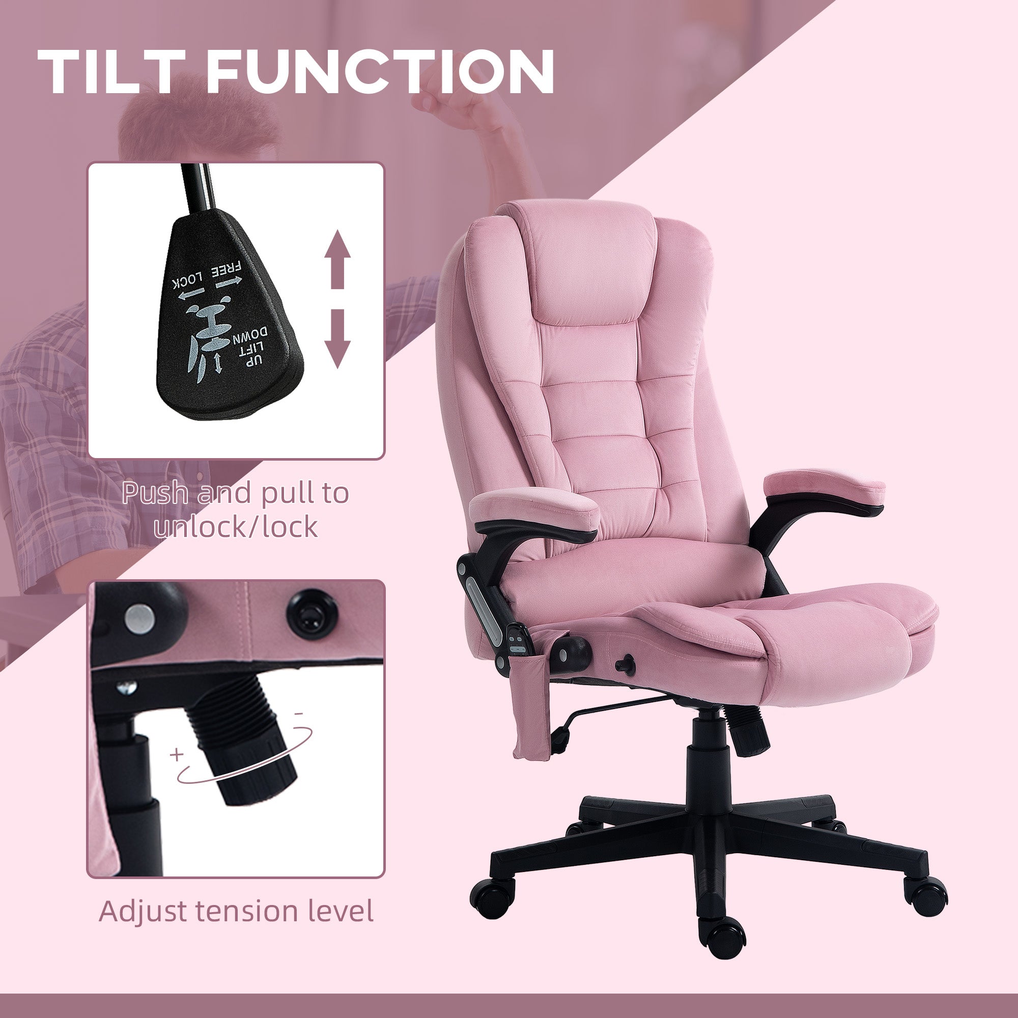 Vinsetto 6 Point Vibrating Massage Home Office Chair High Back Executive Chair with Reclining Back, Swivel Wheels, Pink