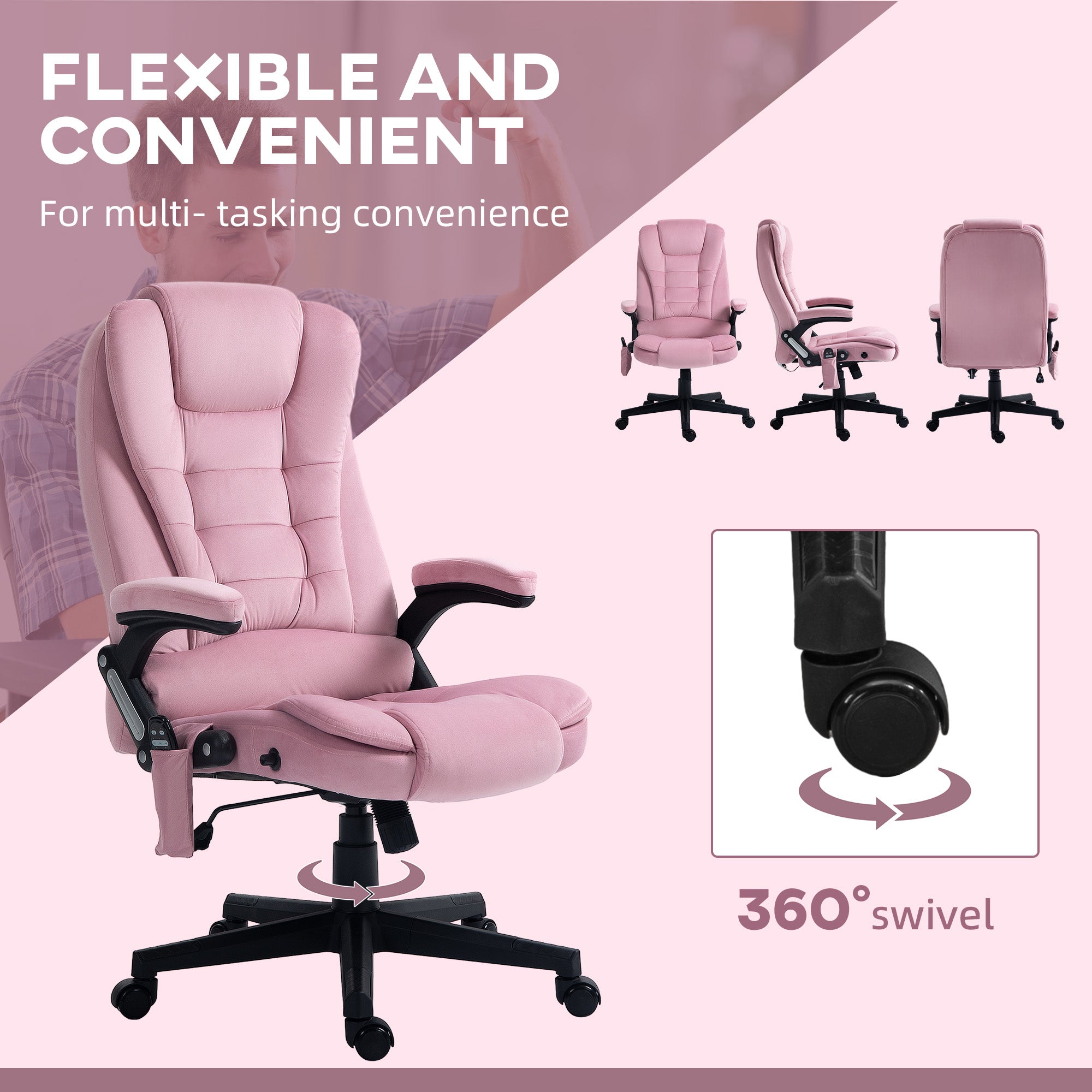 Vinsetto 6 Point Vibrating Massage Home Office Chair High Back Executive Chair with Reclining Back, Swivel Wheels, Pink