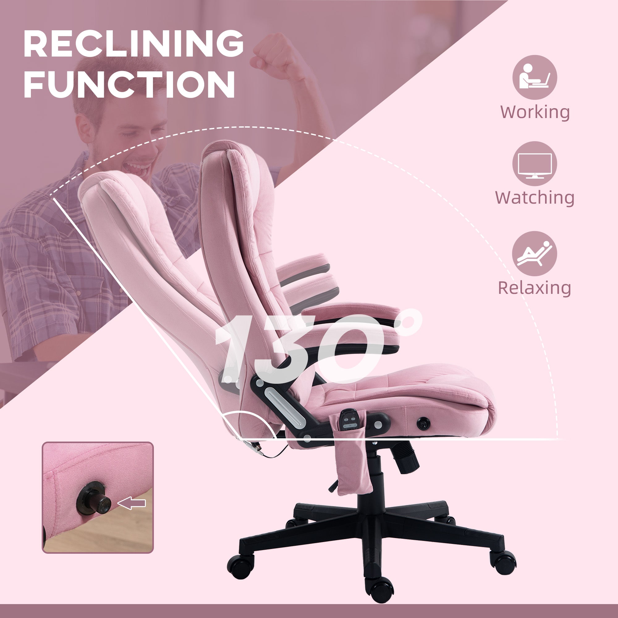 Vinsetto 6 Point Vibrating Massage Home Office Chair High Back Executive Chair with Reclining Back, Swivel Wheels, Pink