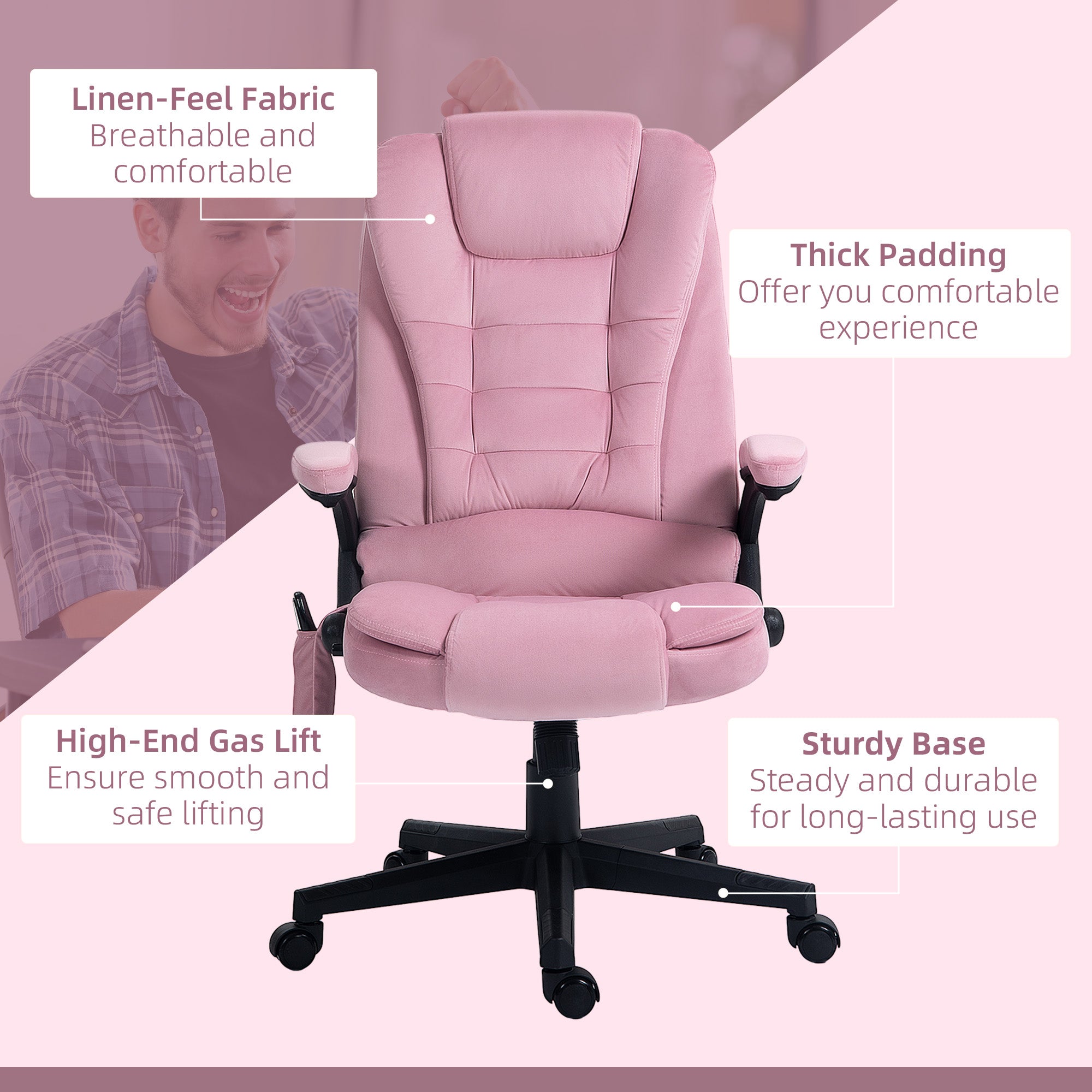 Vinsetto 6 Point Vibrating Massage Home Office Chair High Back Executive Chair with Reclining Back, Swivel Wheels, Pink