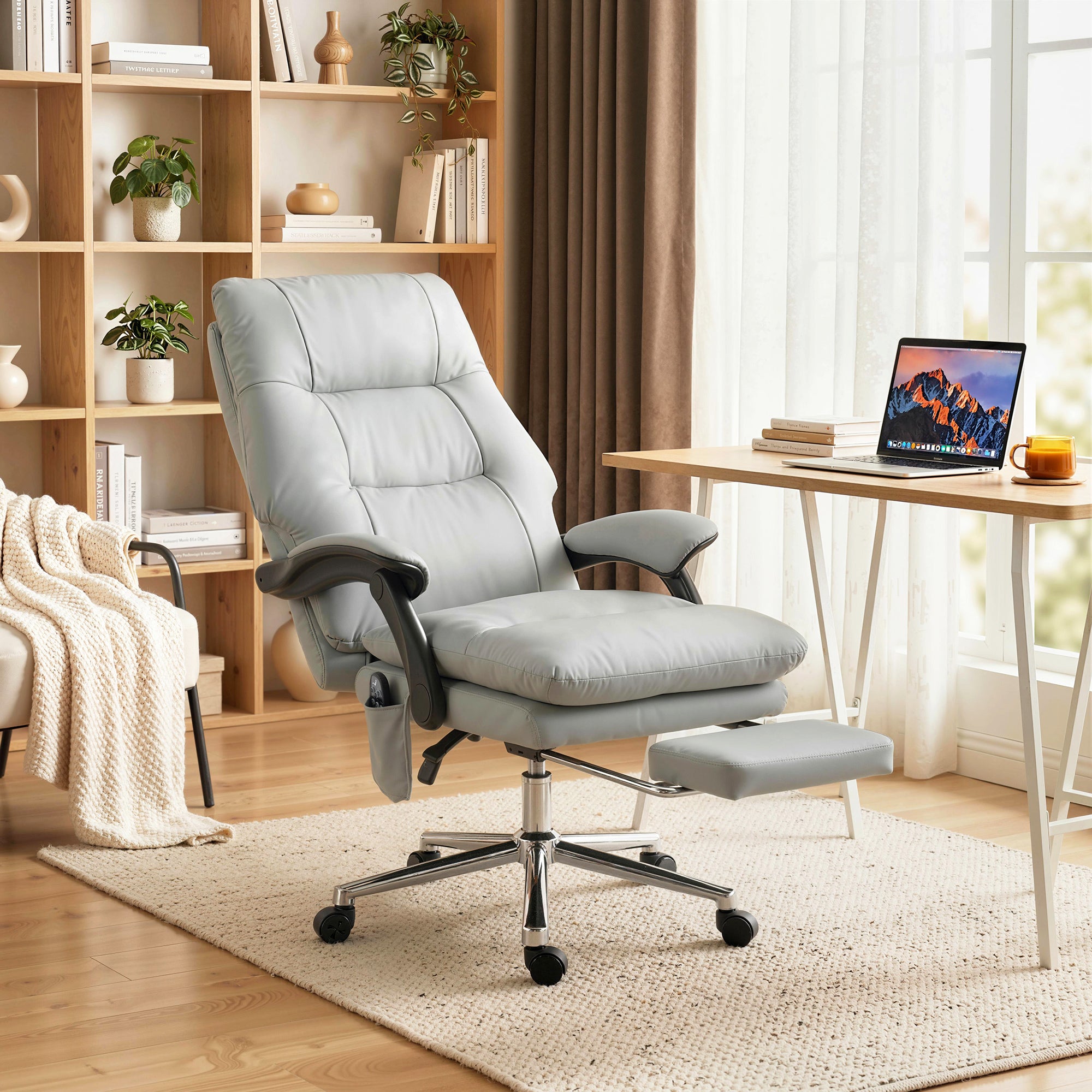 Massage Office Chair with 6-Point Vibration, Pet-Friendly Faux Leather Ergonomic Executive Desk Chair with Double-Layer Spring Cushions, Wide Seat, High Back, Reclining, Footrest, Light Gray