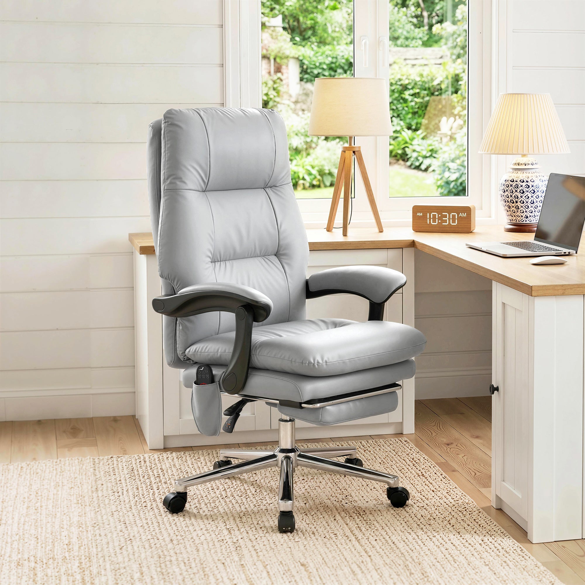 Massage Office Chair with 6-Point Vibration, Pet-Friendly Faux Leather Ergonomic Executive Desk Chair with Double-Layer Spring Cushions, Wide Seat, High Back, Reclining, Footrest, Light Gray