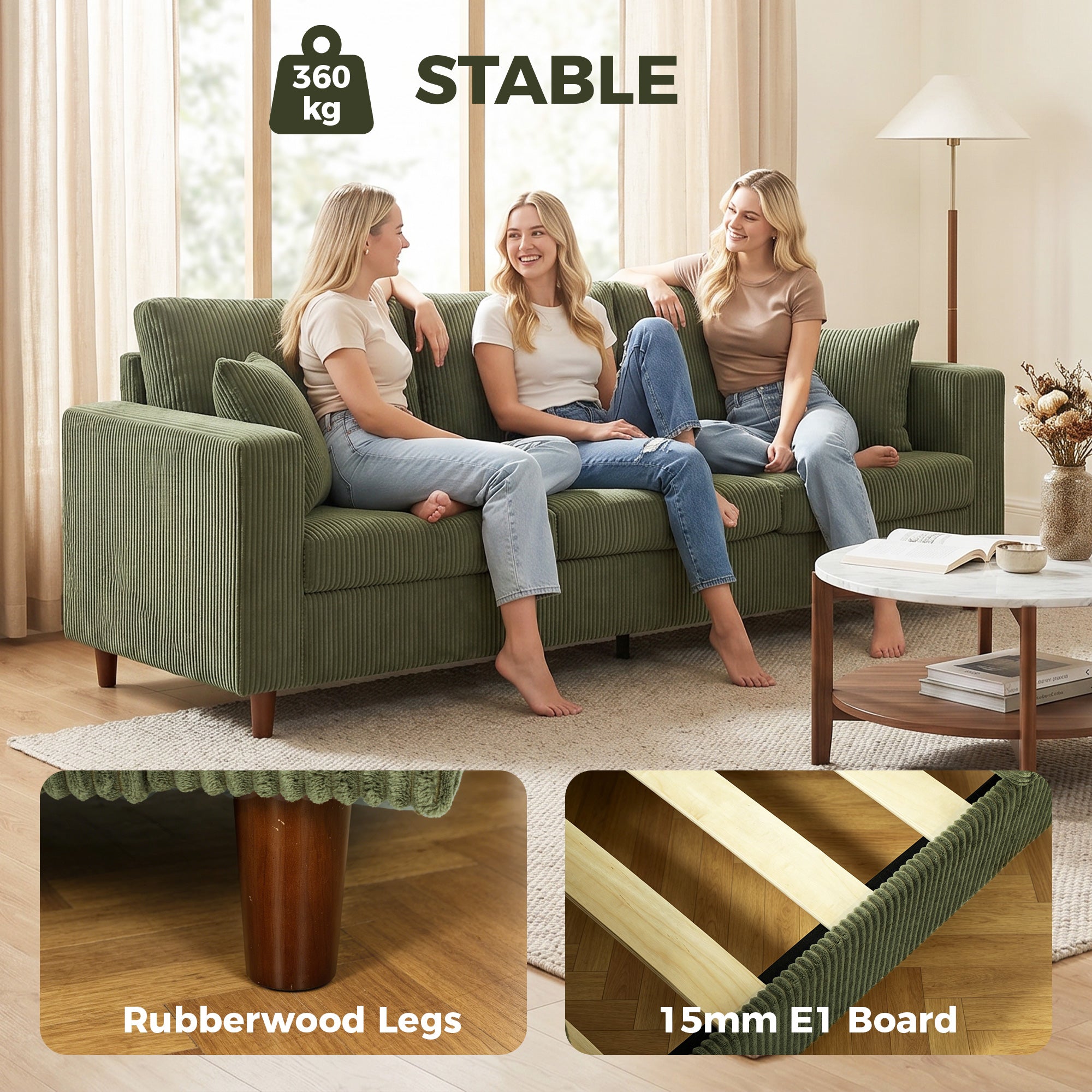 3 Seater Sofa, 225 cm Comfy Corduroy Couch with Wide Deep Seat, Wide Armrests, Spring Cushion, Thick Padded, Solid Wood Legs, Fabric Sofa for Living Room, Green