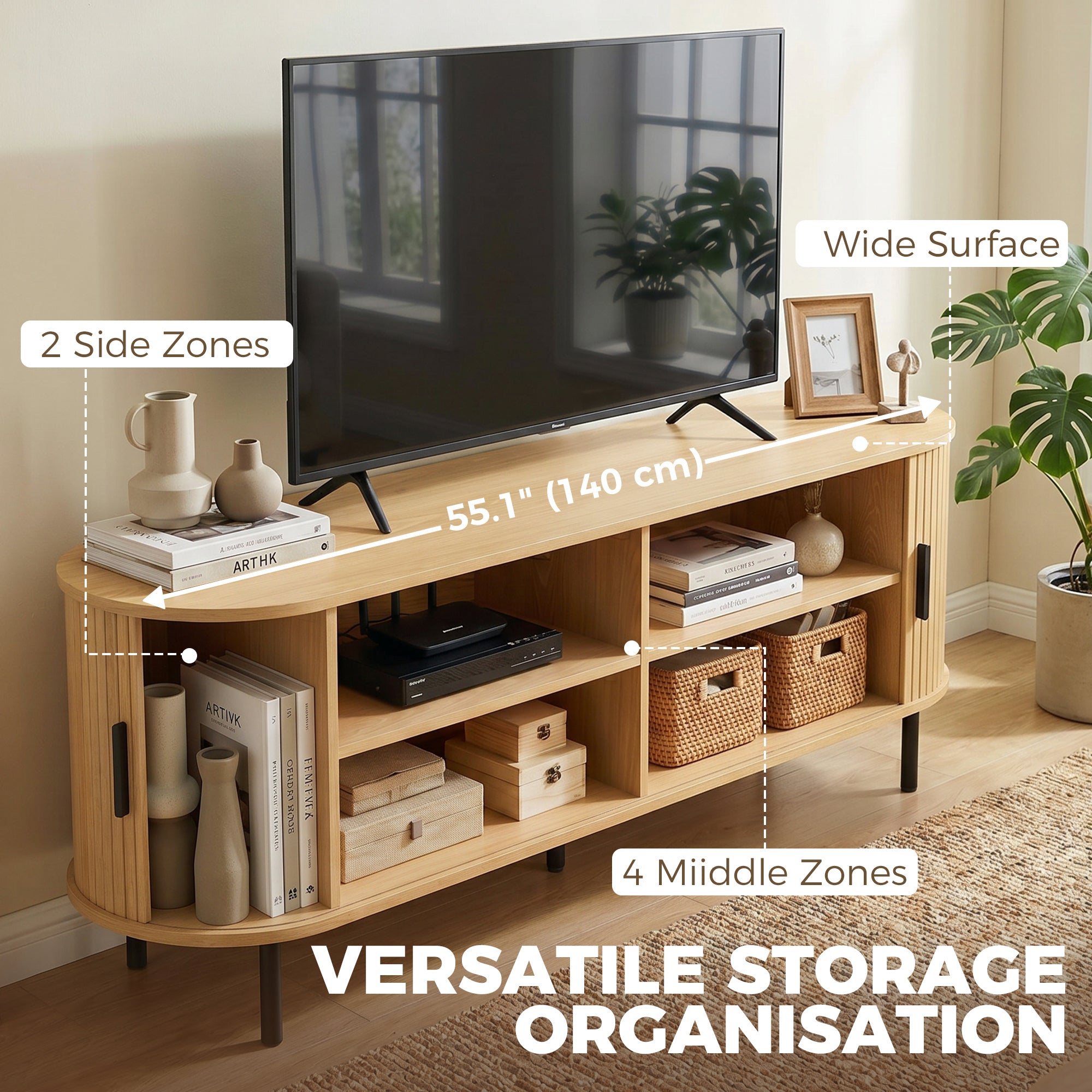 TV Stand for TVs up to 60", Modern Entertainment Center with Curved Sliding Doors, Media Console with 6 Storage Compartments, Natural Wood