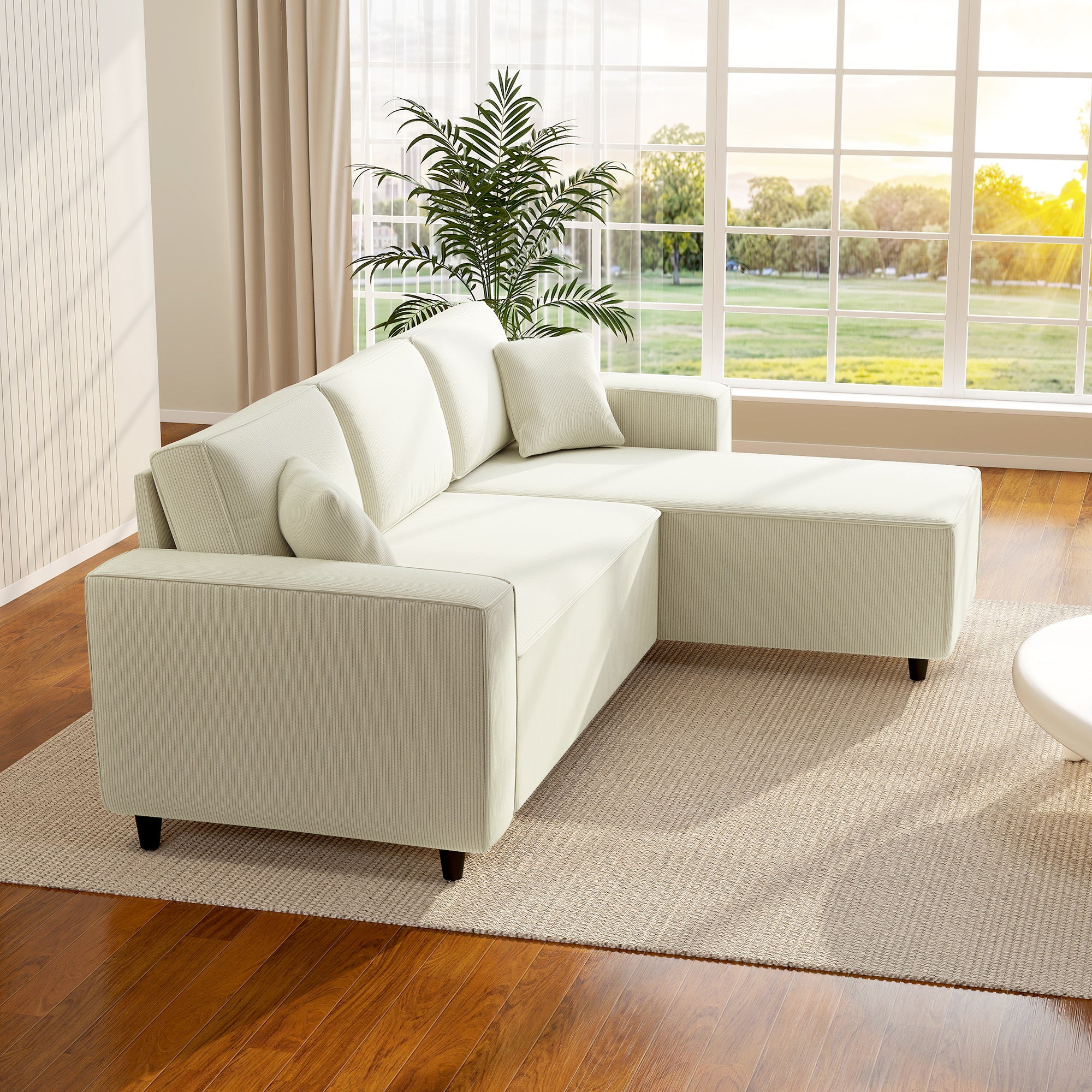 95" Sectional Sofa with Reversible Chaise Lounge, L-Shaped Corner Sofa with Corduroy Fabric, Pocket Spring, 2 Pillows, Wide Arm, Thick Padded, 3 Seat Couch for Living Room, Cream White