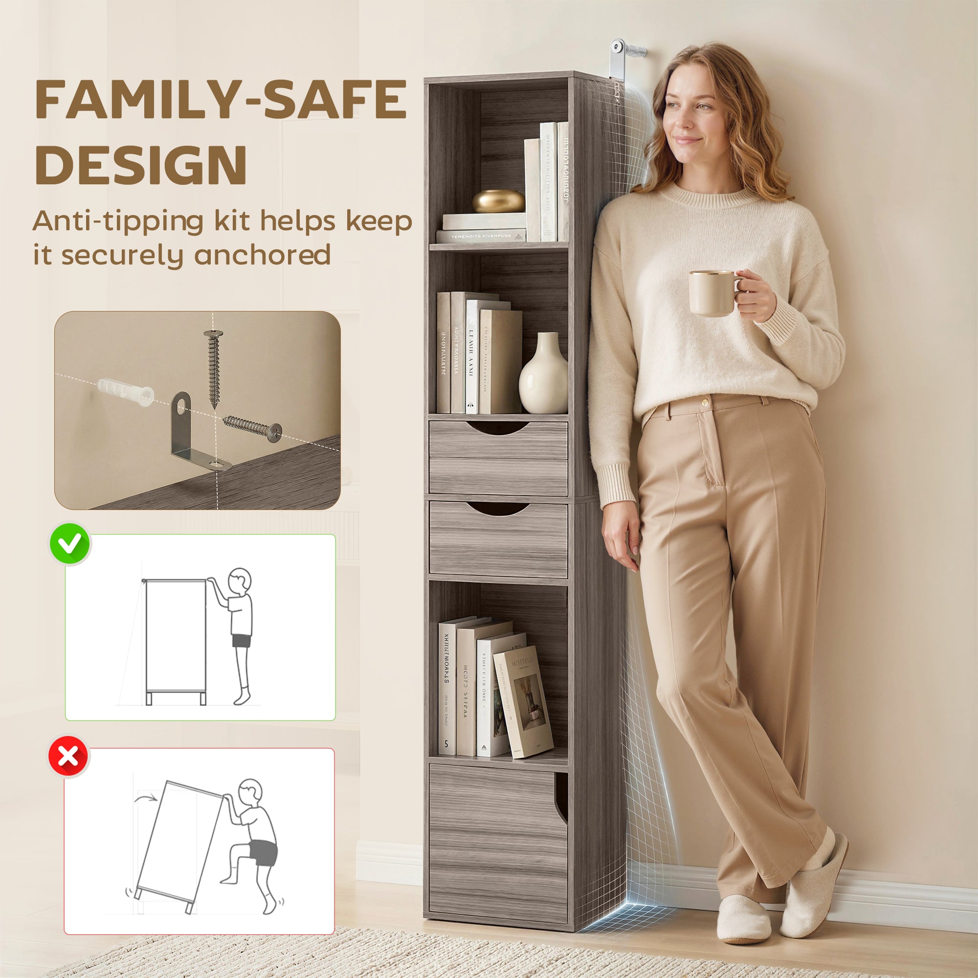 158 cm Bookcase with Drawers, 3-Tier Bookshelf, Slim Storage Cabinet with Doors, Adjustable Shelf for Living Room, Bedroom, Home Office, Grey