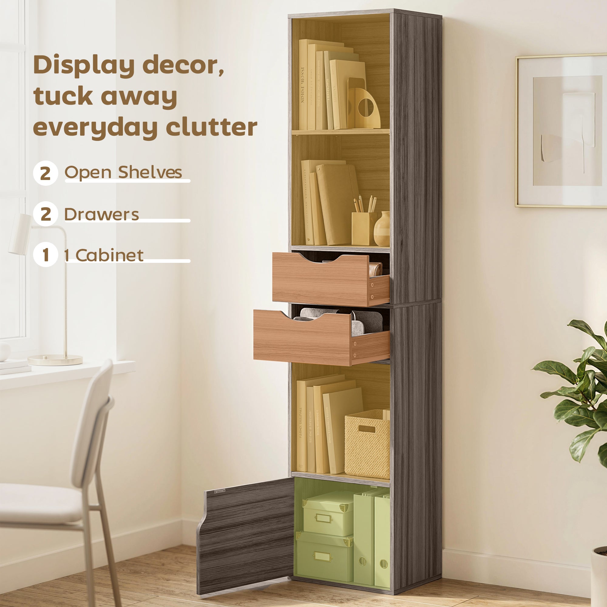 158 cm Bookcase with Drawers, 3-Tier Bookshelf, Slim Storage Cabinet with Doors, Adjustable Shelf for Living Room, Bedroom, Home Office, Grey
