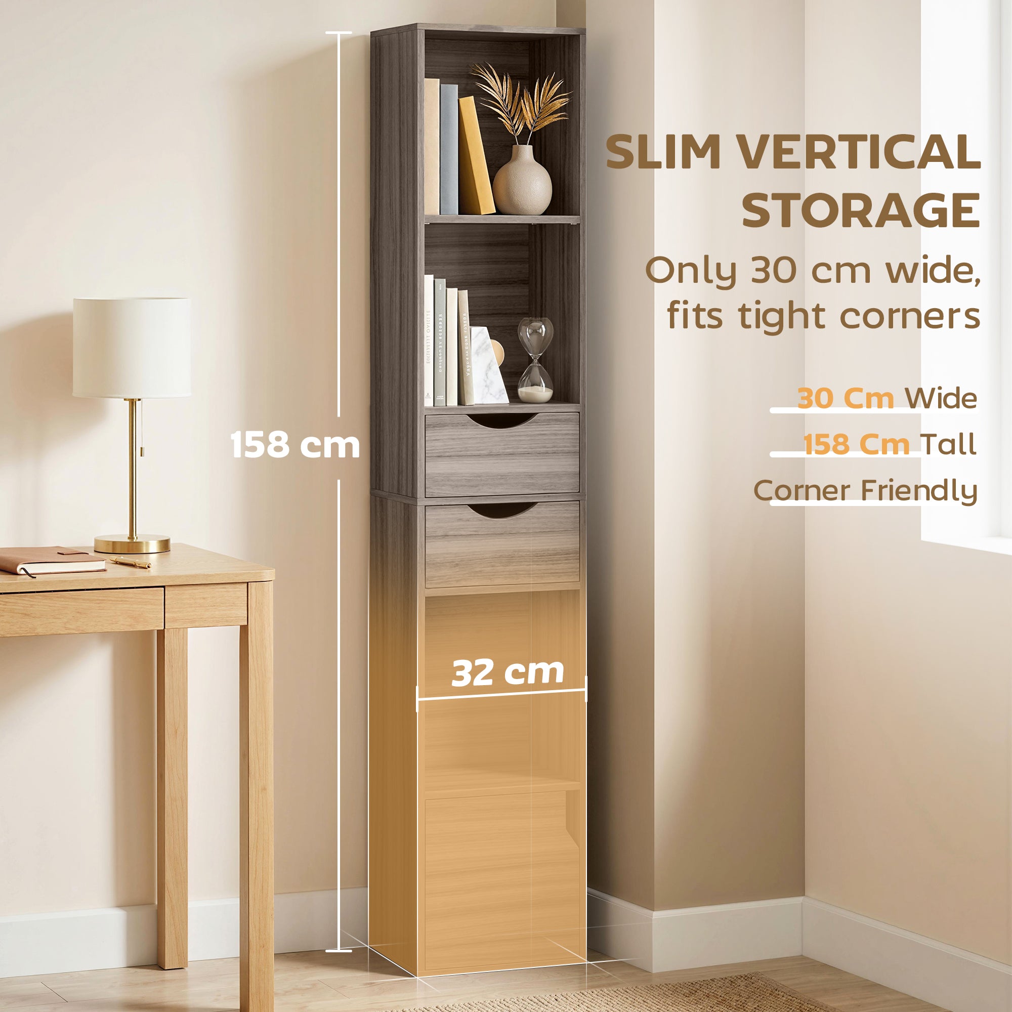 158 cm Bookcase with Drawers, 3-Tier Bookshelf, Slim Storage Cabinet with Doors, Adjustable Shelf for Living Room, Bedroom, Home Office, Grey