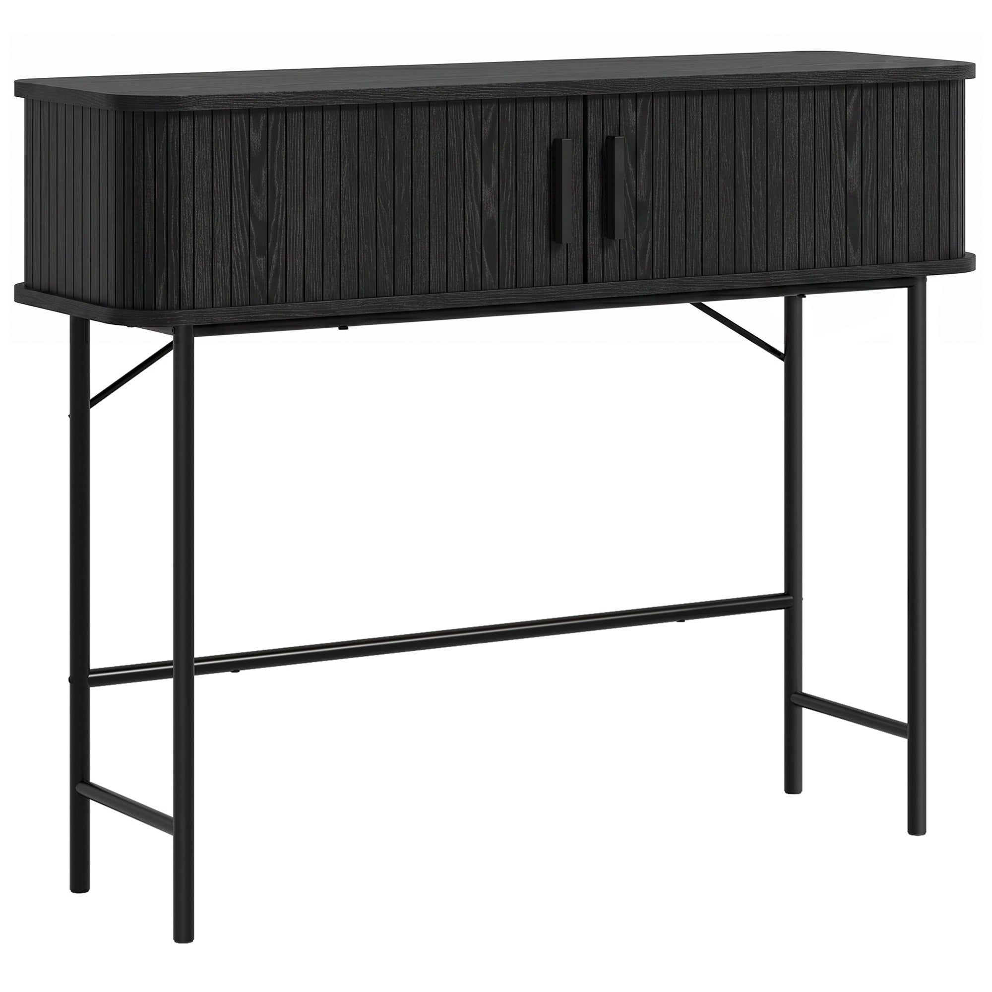 39" Narrow Console Table, Mid-Century Entryway Table with Storage Compartments and Slatted Tambour Swing Doors for Behind Couch, Living Room, Hallway, Black