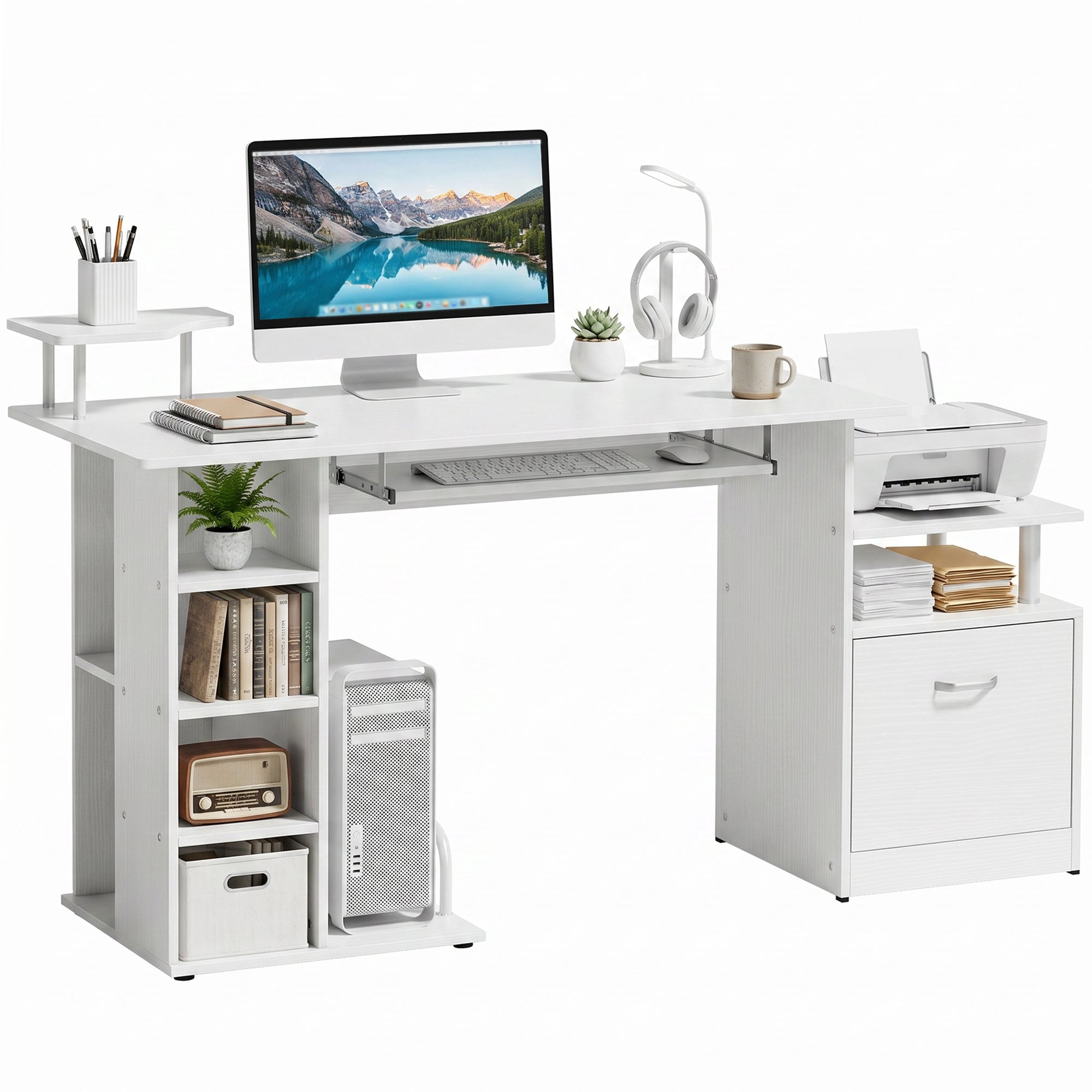 Computer Desk PC Workstation with Drawer Shelves CPU Storage Rack Home Office Furniture 152 x 60 x 88 cm White Wood Effect
